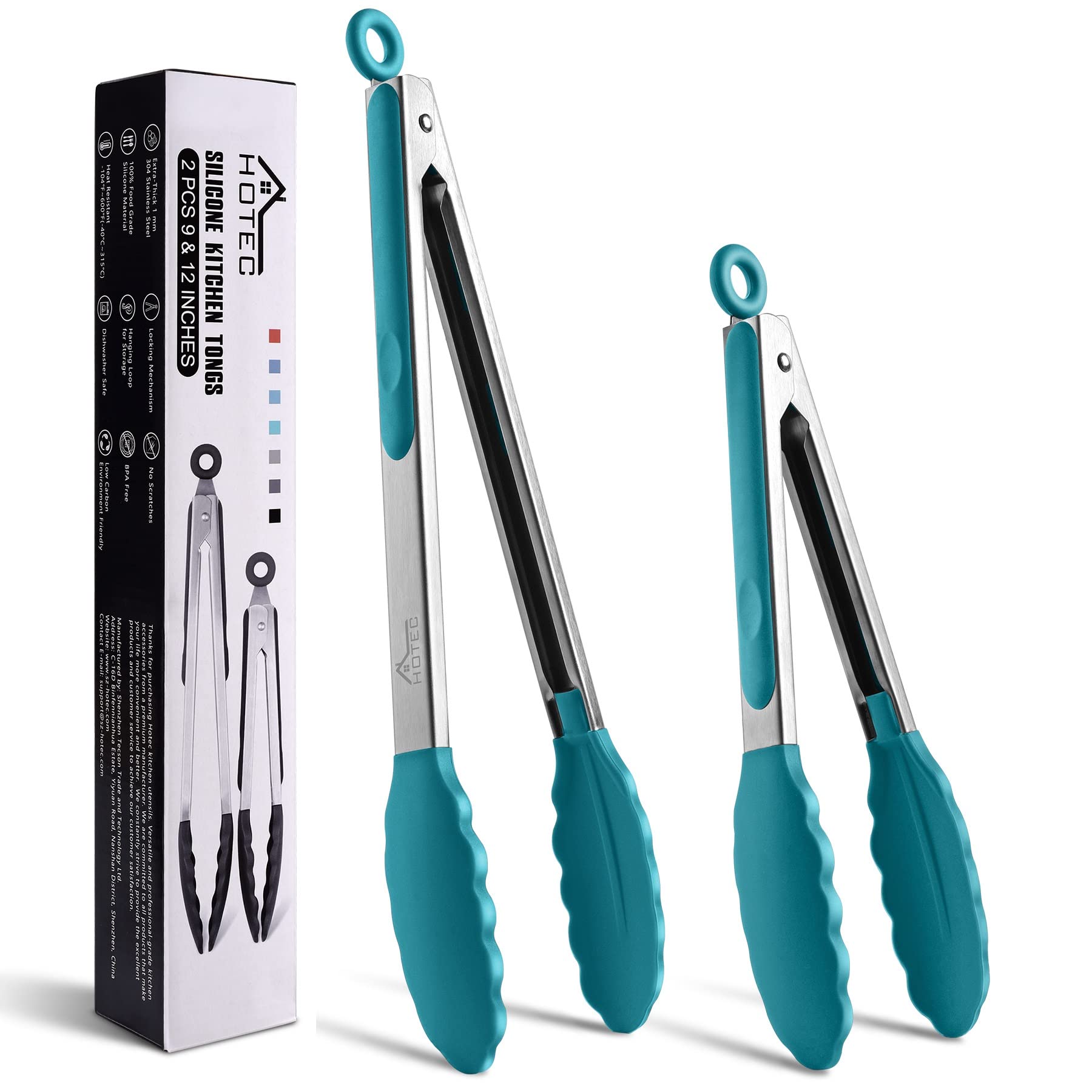 Hotec Premium Stainless Steel Locking Kitchen Tongs With Silicon Tips, Set Of 2-9'' And 12'', Turquoise