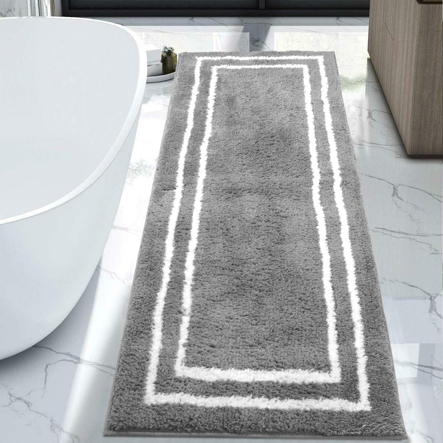 Uphome Bathroom Runner Rug Black Non-Slip Long Bath Mat Soft And Water Absorbent Bath Rug Machine Washable Fluffy Microfiber Flo