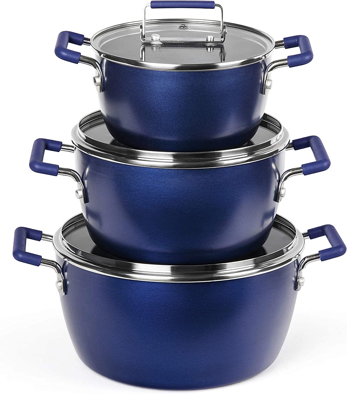 Granitestone Blue Pots and Pans Set Nonstick, 6 Stackable Piece Cooking Pots Set, Kitchen Pots, Non Stick Coating, 5qt 3qt & 1.5