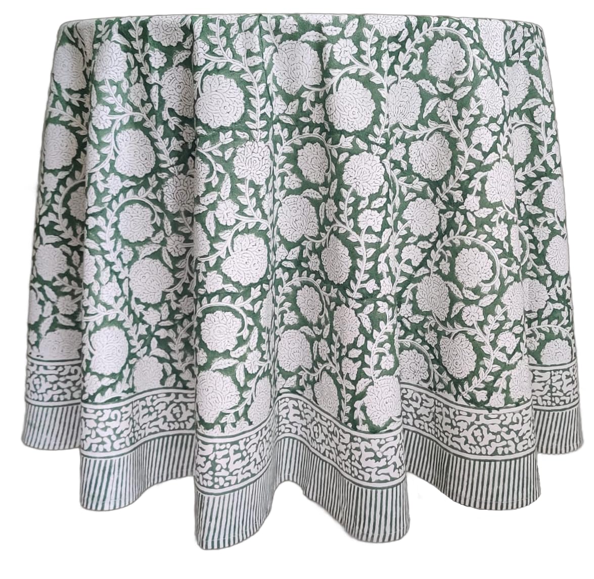 ATOSII Shalimar Green 100% Cotton Round Boho Fall Tablecloth, Handblock Floral Table Cloth Linen for Kitchen Dining I Parties We