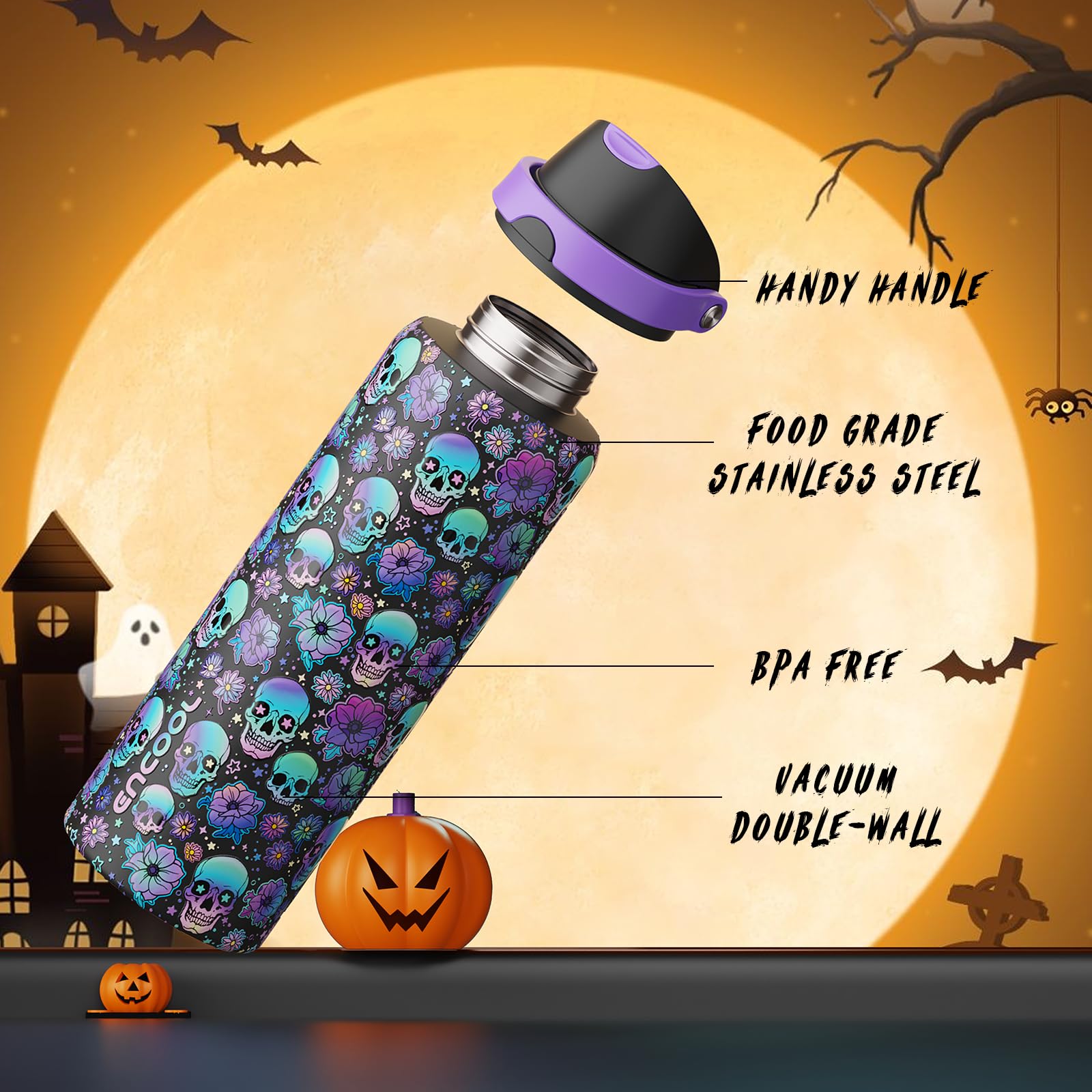 Halloween Insulated Water Bottle with Straw - Stainless Steel Water Bottle with Push Button Lid, Leak-Proof BPA-Free, Keeps Cold