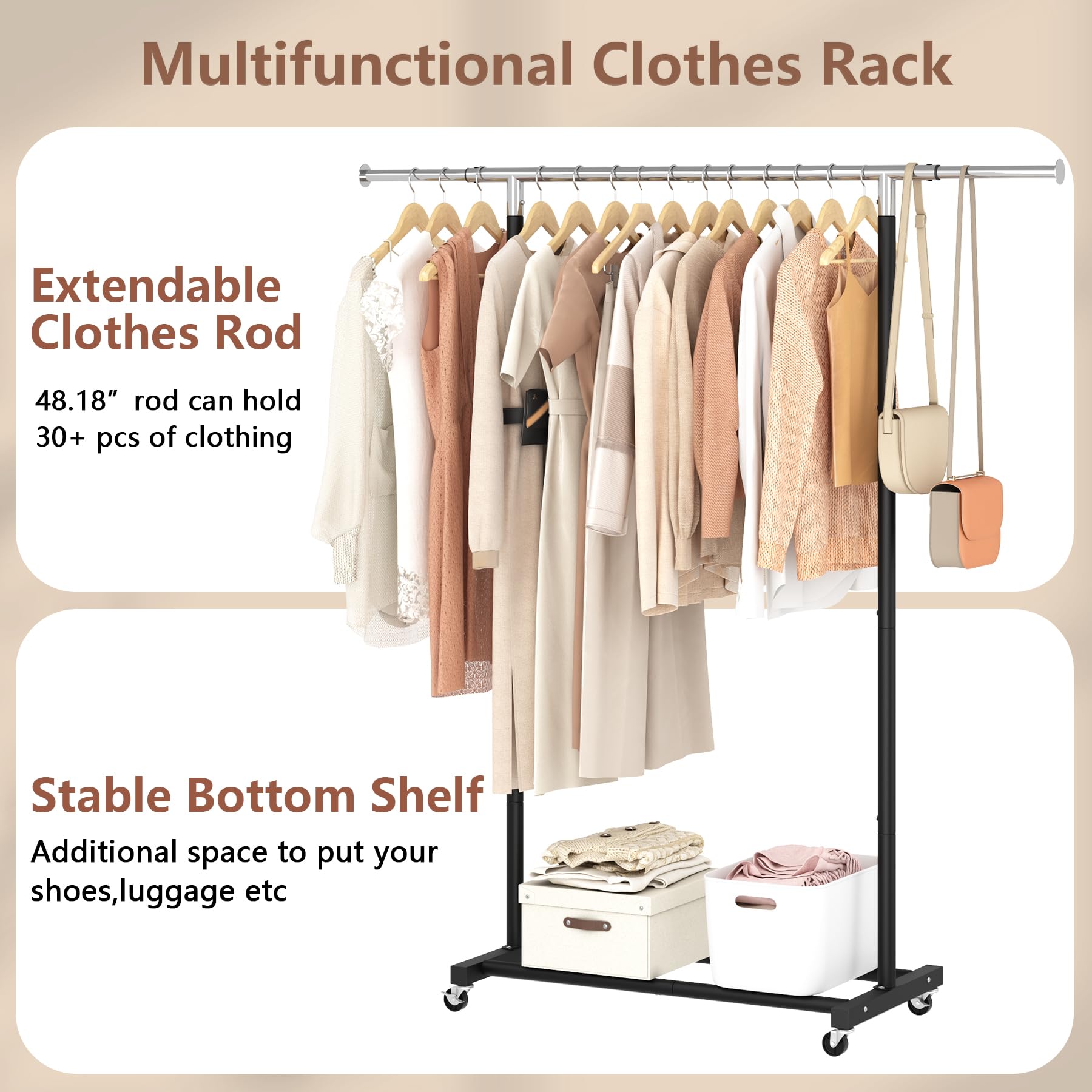 Jiuyotree Rolling Clothes Rack With Shelf Clothing Garment Rack With Wheels Width Adjustable Clothing Organizer For Hanging Clot