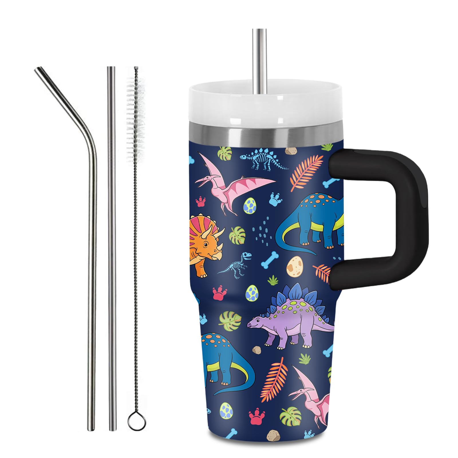 Hiboss Dinosaur Gifts for Kids, Dino Tumbler with Handle and Straw for Boys 14oz, Insulated Stainless Steel Travel Cup Mug for S