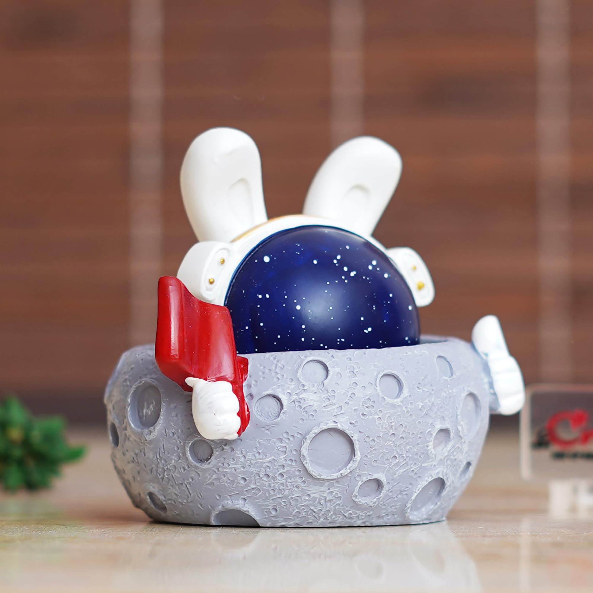 Ecraftindia Rabbit Astronaut Miniature Statue On Moon Shaking Head With Red Flag Decorative Showpiece For Home Decor Living Room