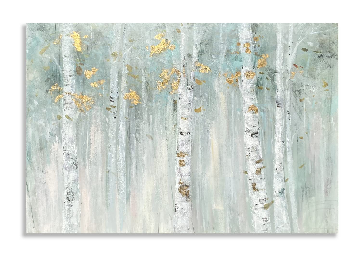 Yihui Arts Birch Tree Canvas Wall Art With Gold Foil - Abstract Forest Paintings With Textured - Green Landscape Pictures For Li