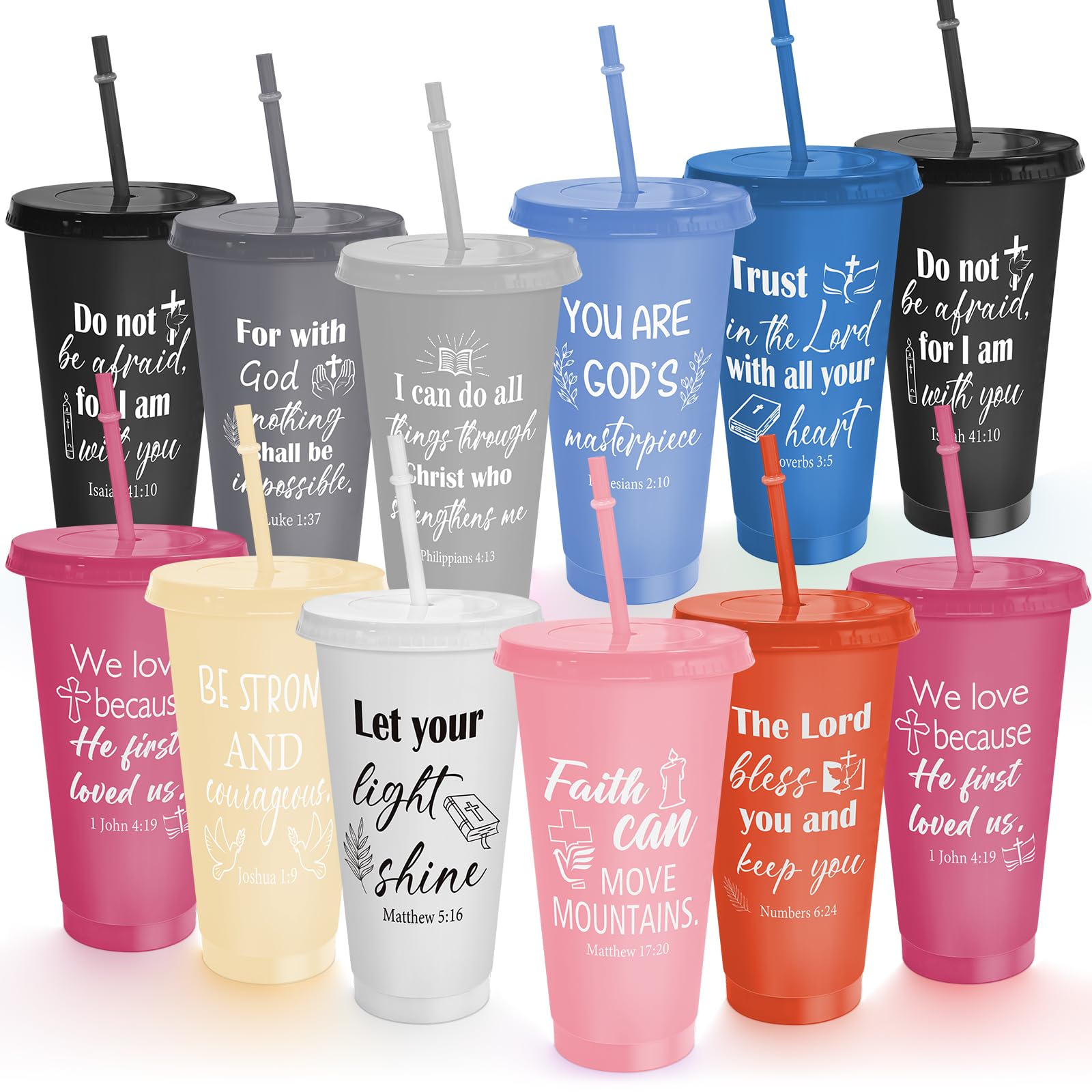 Cinrobiye 24 Pack Christian Tumblers with Lids and Straws, 24 oz Bible Verse Cups Bulk, Reusable Plastic Cups with Scripture, Re