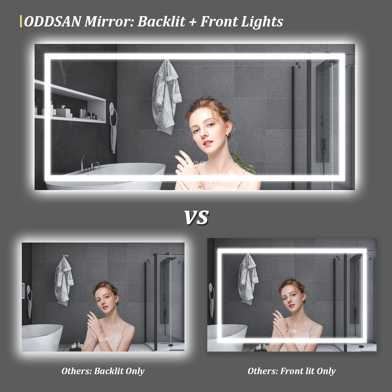 ODDSAN 84x32 Large Lighted Mirror for Bathroom  LED Vanity Mirror with Lights  Illuminated Mirror for Wall  Dimmable  Anti-Fog  ETL Listed (Backlit + Front Lights)
