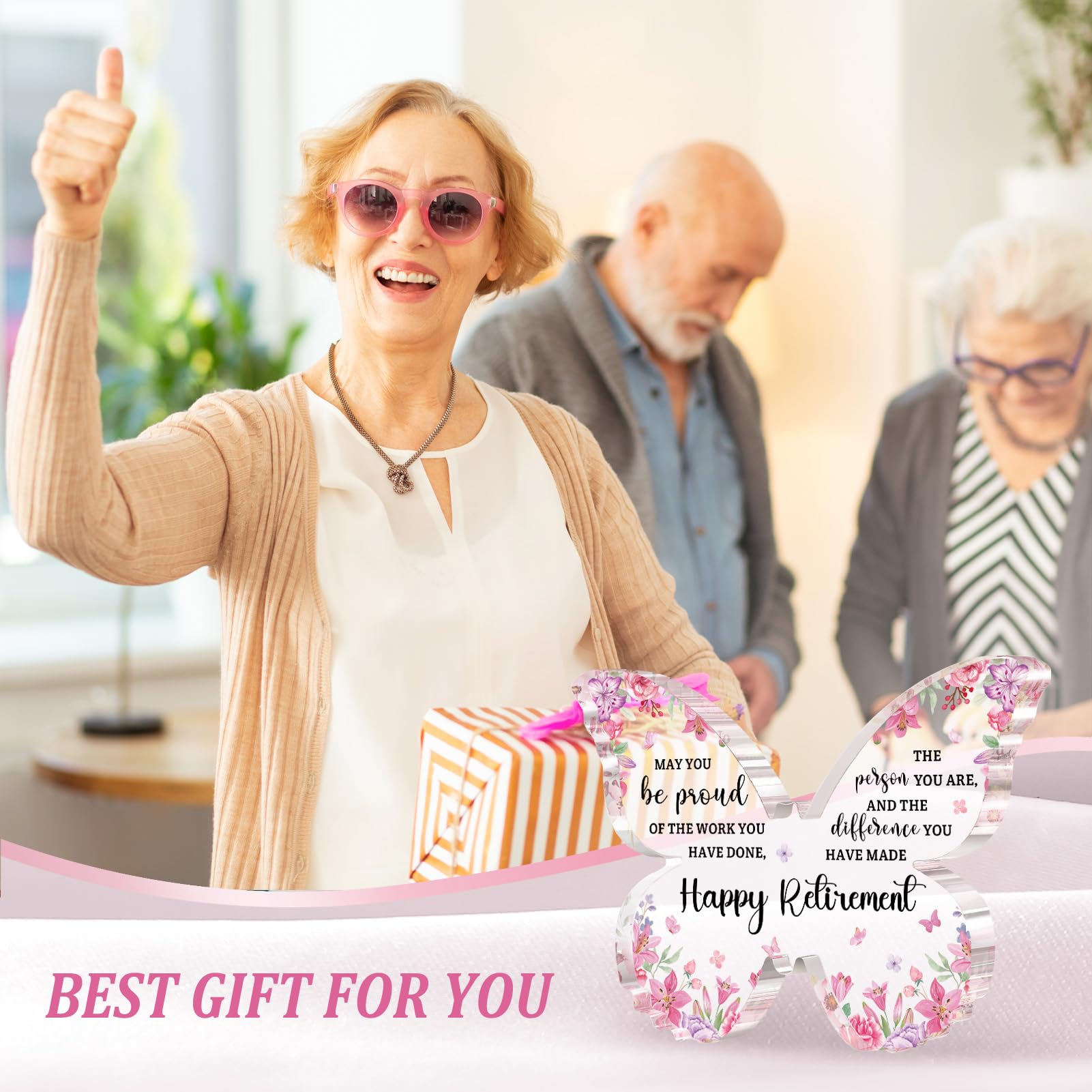 Retirement Gift for Woman 2025, Happy Retirement Gifts Ideas - Pink Butterfly Acrylic Plaque 5x3.8 IN - Retired Gifts for Cowork