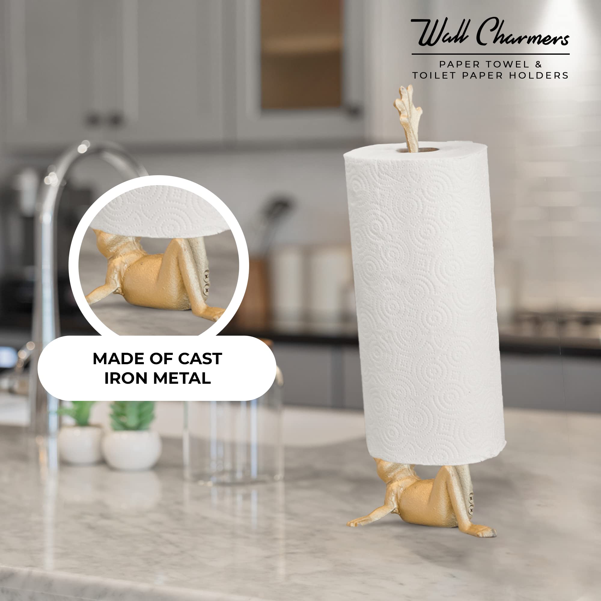Wallcharmers Gold Paper Towel Holder, Metal Toilet Or Kitchen Paper Holder For Floor Or Countertop, Gold Frog