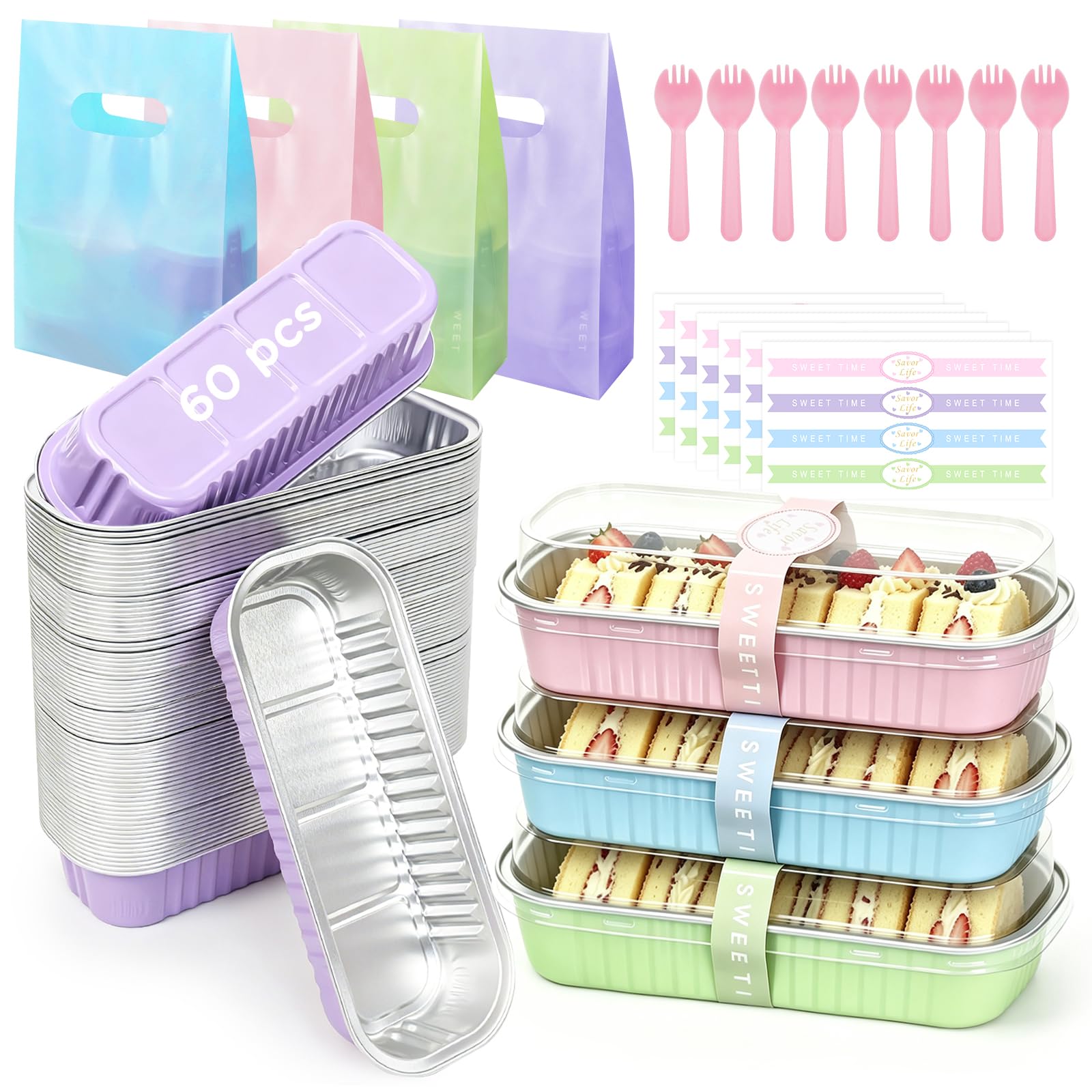 60 Pack Macaron Mini Loaf Pans with Lids and Spoons ,6.8oz Disposable Aluminum Foil Cake Pans, Individual Dessert Baking Cups wi