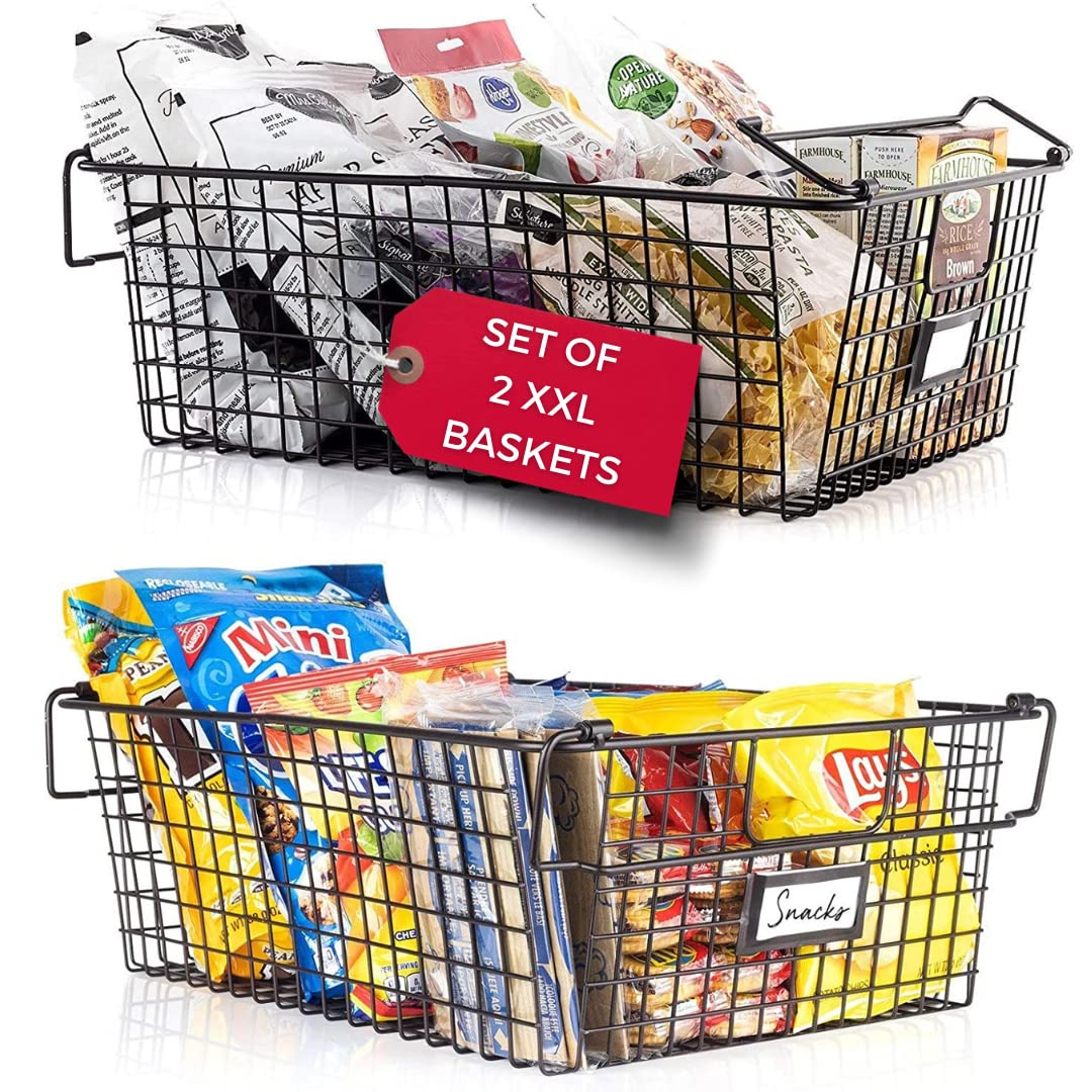 Granrosi Stackable Xxl Wire Baskets For Organizing - Set Of 2 Wire Storage Baskets With Handles; Snacks & Chips Organizer For Pa