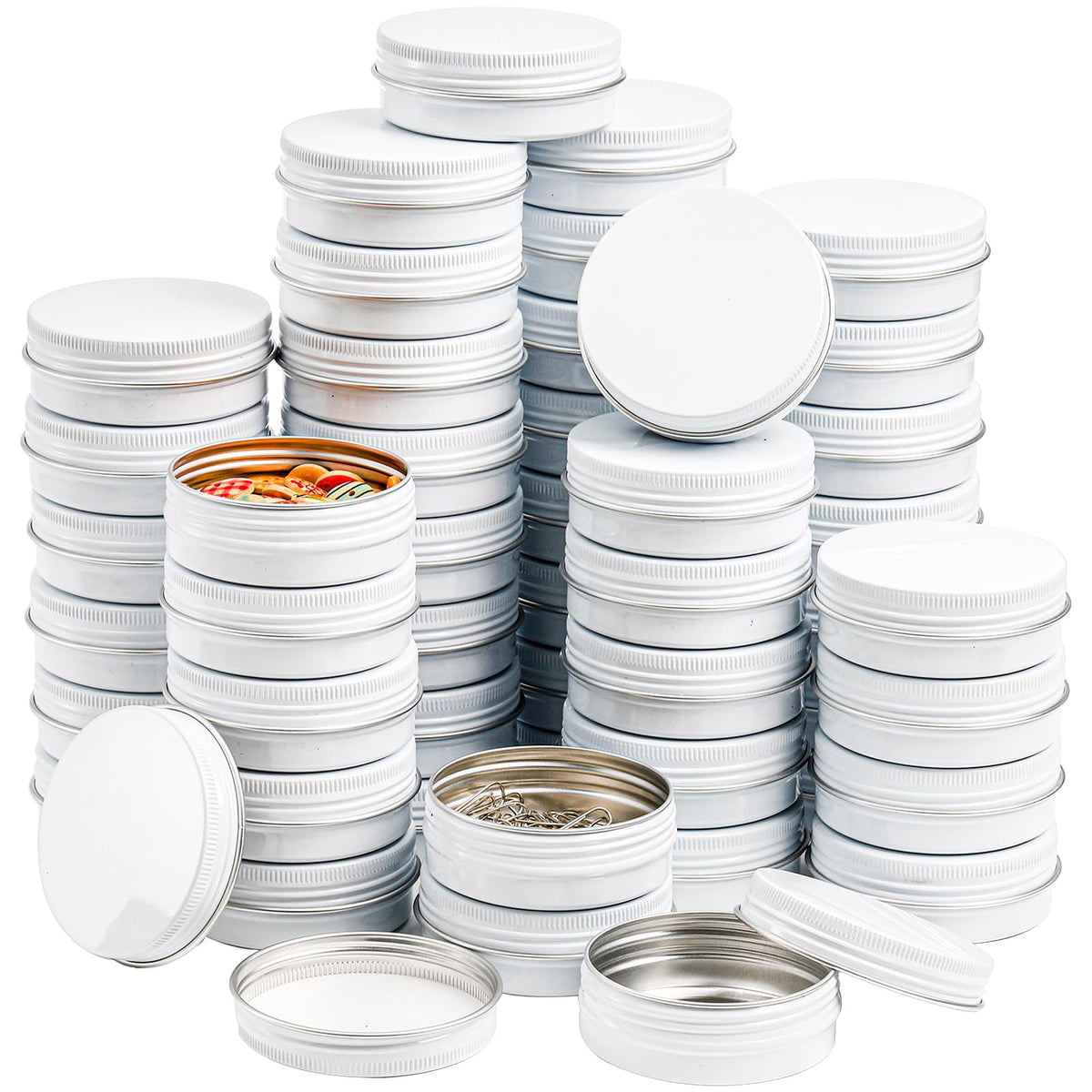 Foraineam 48 Pack 2 Oz White Lip Balm Tin Cans - Aluminum Round Cosmetic Sample Containers With Screw Lid - Metal Empty Tins Sto