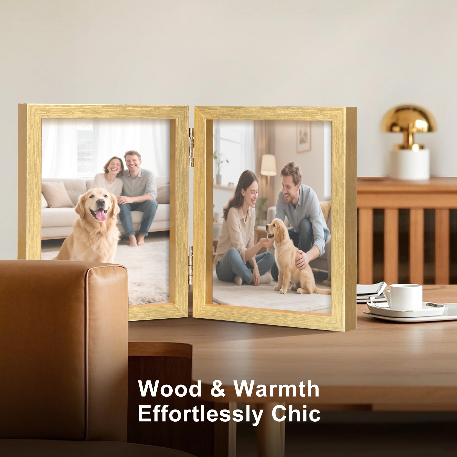 8x10 Double Picture Frame Wooden Hinged Photo Frame Definition Glass Stand Vertically on Desktop or Tabletop Gold
