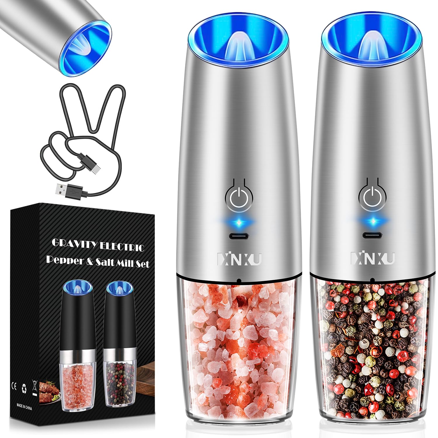 Xinxu Rechargeable Eectric Salt And Pepper Grinder Set,Automatic Pepper Mill,Usb Rechargeable,Adjustable Coarseness,One-Handed O