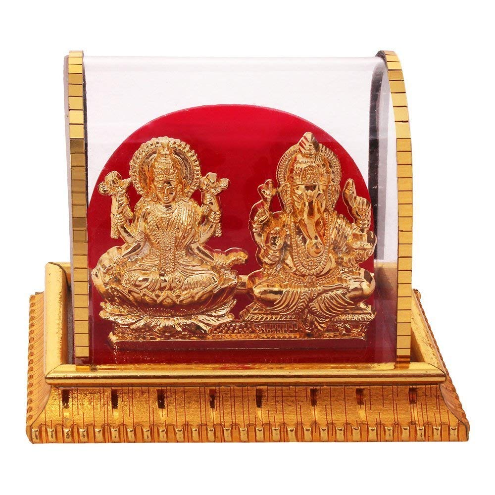 Gold Plated Lord Ganesh & Maa Laxmi Acrylic Saraswati Idol Hindu God Ganpathi & Goddess Laxmi Pooja Mandir Spiritual Figurine St