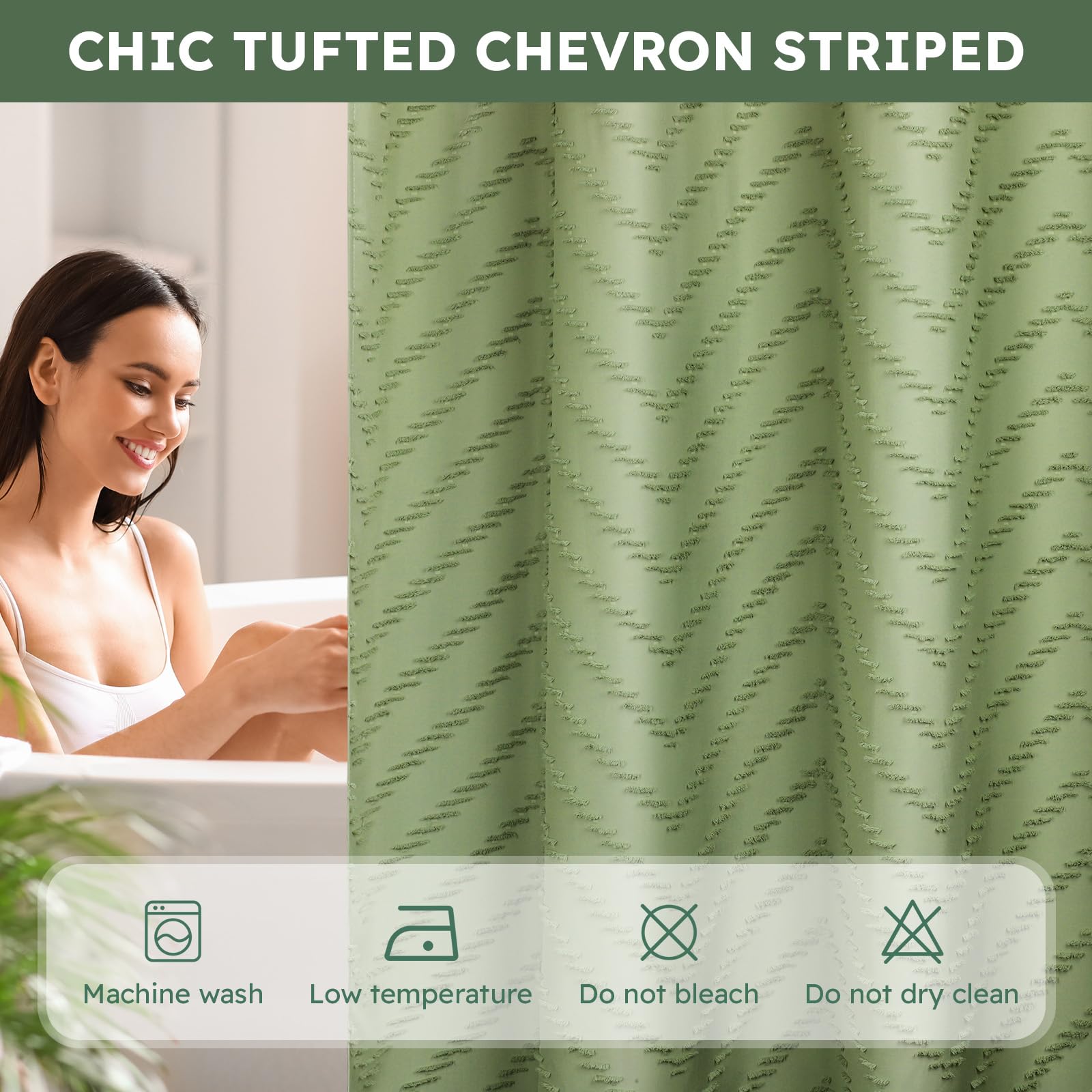 Fadoty No Hook Shower Curtain And Snap In Liner Set Sage Green Tufted Chevron Striped Cloth Waterproof Washable Fabric Boho Bath
