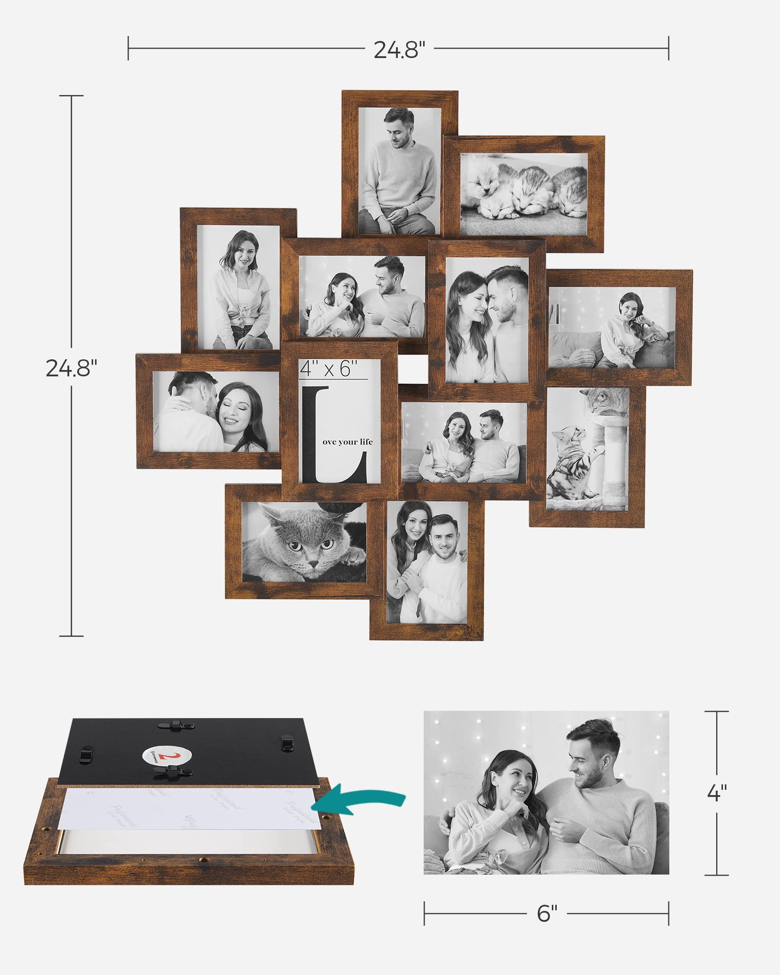 Songmics 4X6 Collage Picture Frames, 12-Pack Picture Frames Collage For Wall Decor, Rustic Photo Collage Frame, Multi Picture Fr