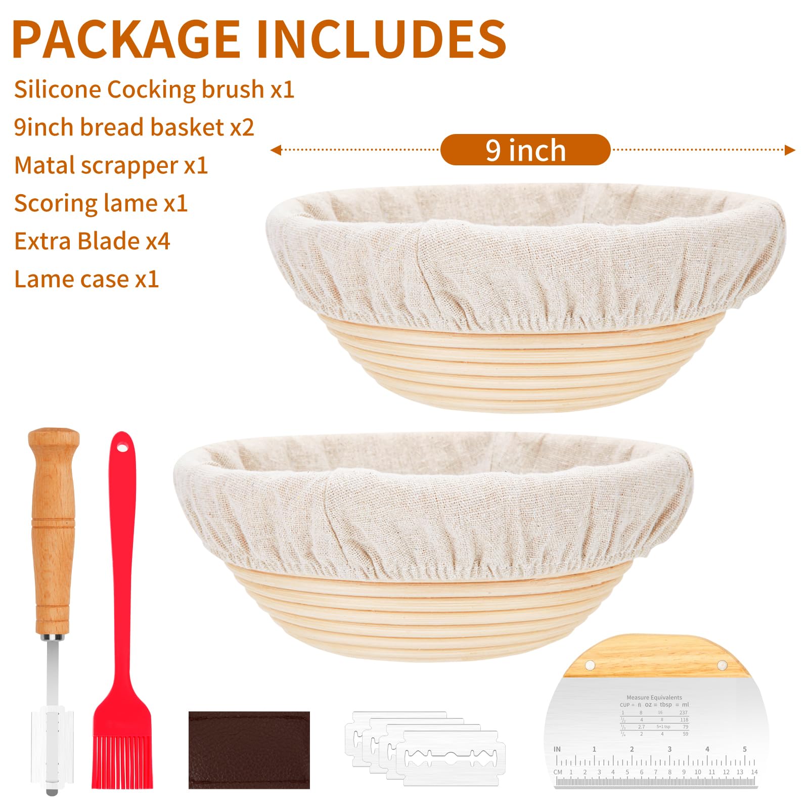 Nuoyunova Sourdough Proofing Basket,2 Round 9 Inch Bread Proofing Basket , Sourdough Starter Kit ,Dough Scraper,Bread Lame , 5 B