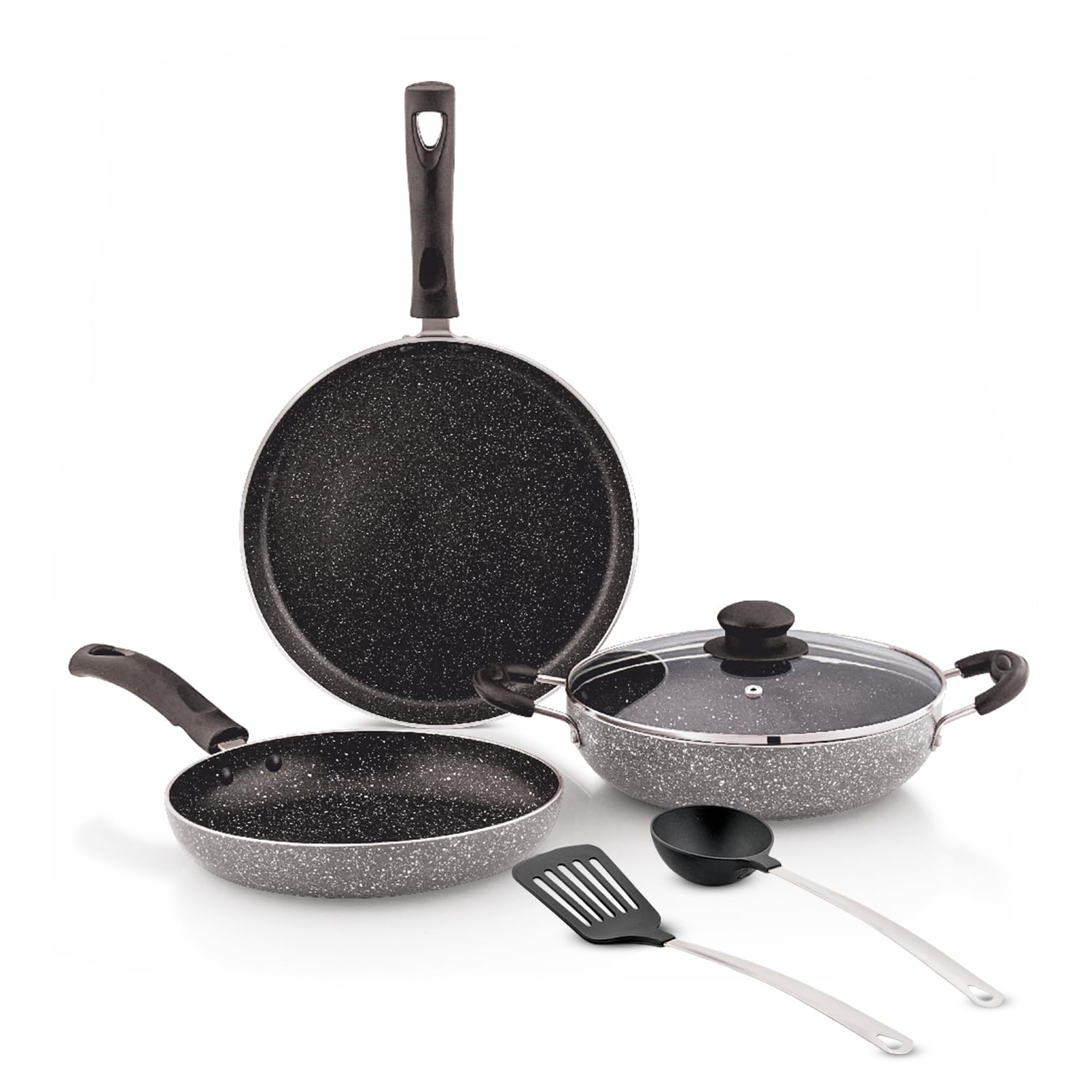 Amazon Brand - Solimo 6 Piece Non-Stick Cookware Set | Granite Finish | Induction Base | Pfoa Free | Htr Exterior Coating | 25Cm