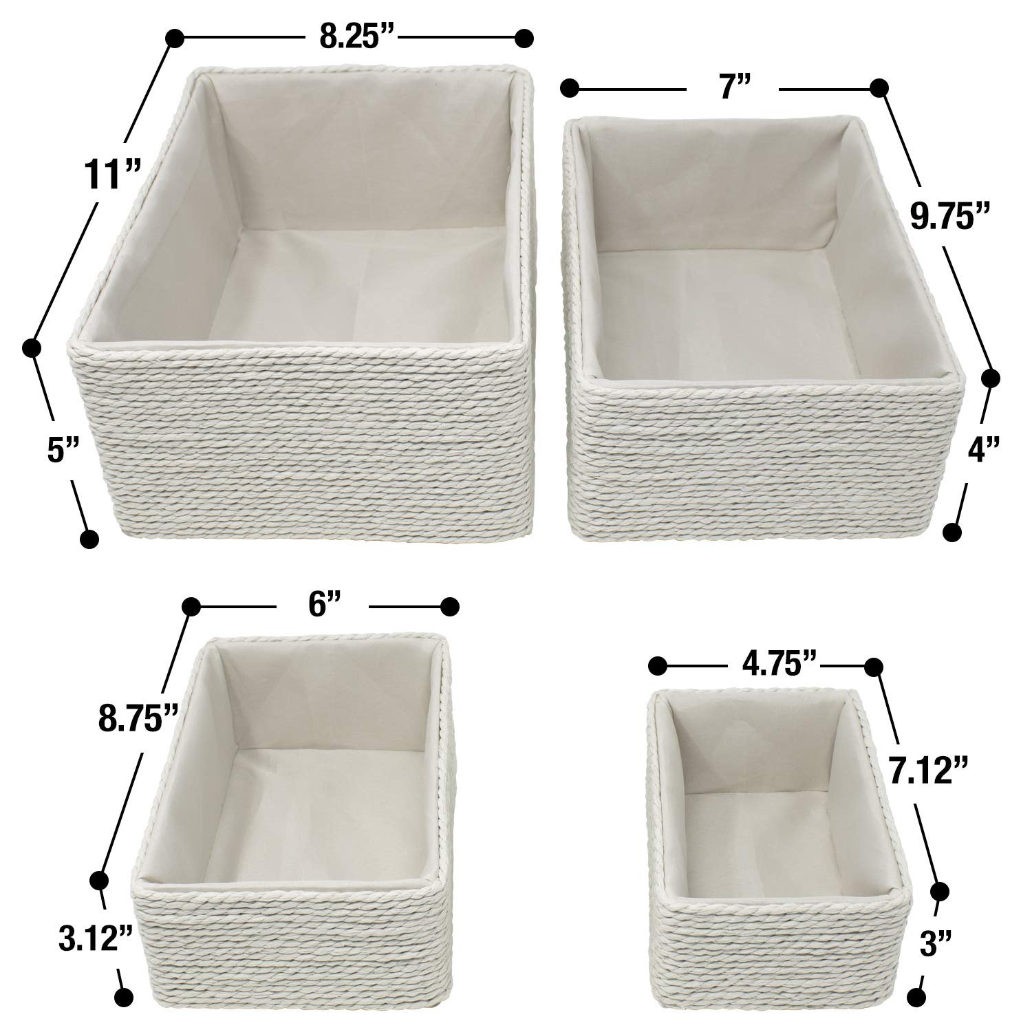 Sorbus Storage Baskets 4-Piece Set - Stackable Woven Basket Paper Rope Bin Boxes For Makeup, Office Supplies, Bedroom, Closet (B