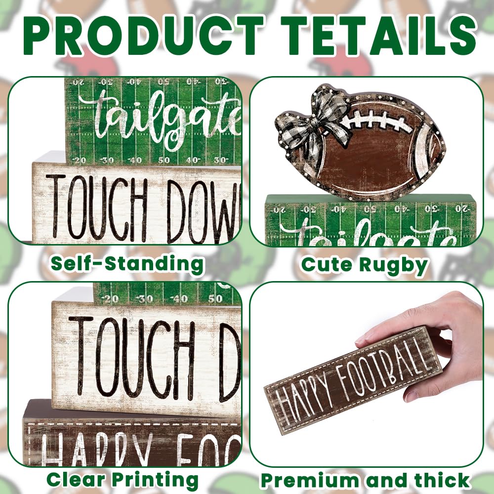 DIYDEC 4Pcs Football Table Decoration Happy Football Wooden Block Sign Fall Rugby Tiered Tray Decor Centerpiece Decorative Faux