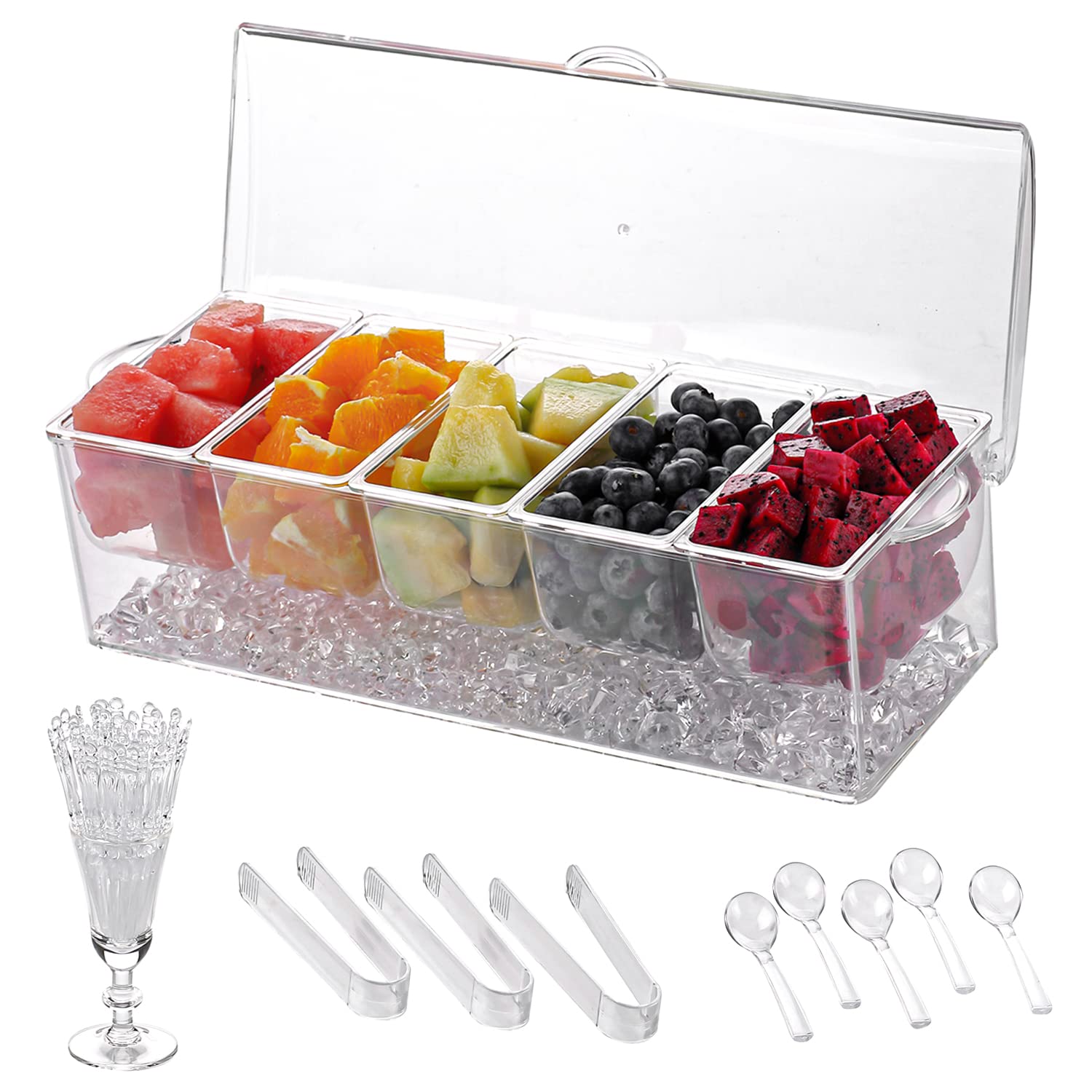 Ivyhome Chilled Condiment Server | Clear Icy Condiment Bar | Chilled Condiment Tray With Lid And 5 Removable Compartments