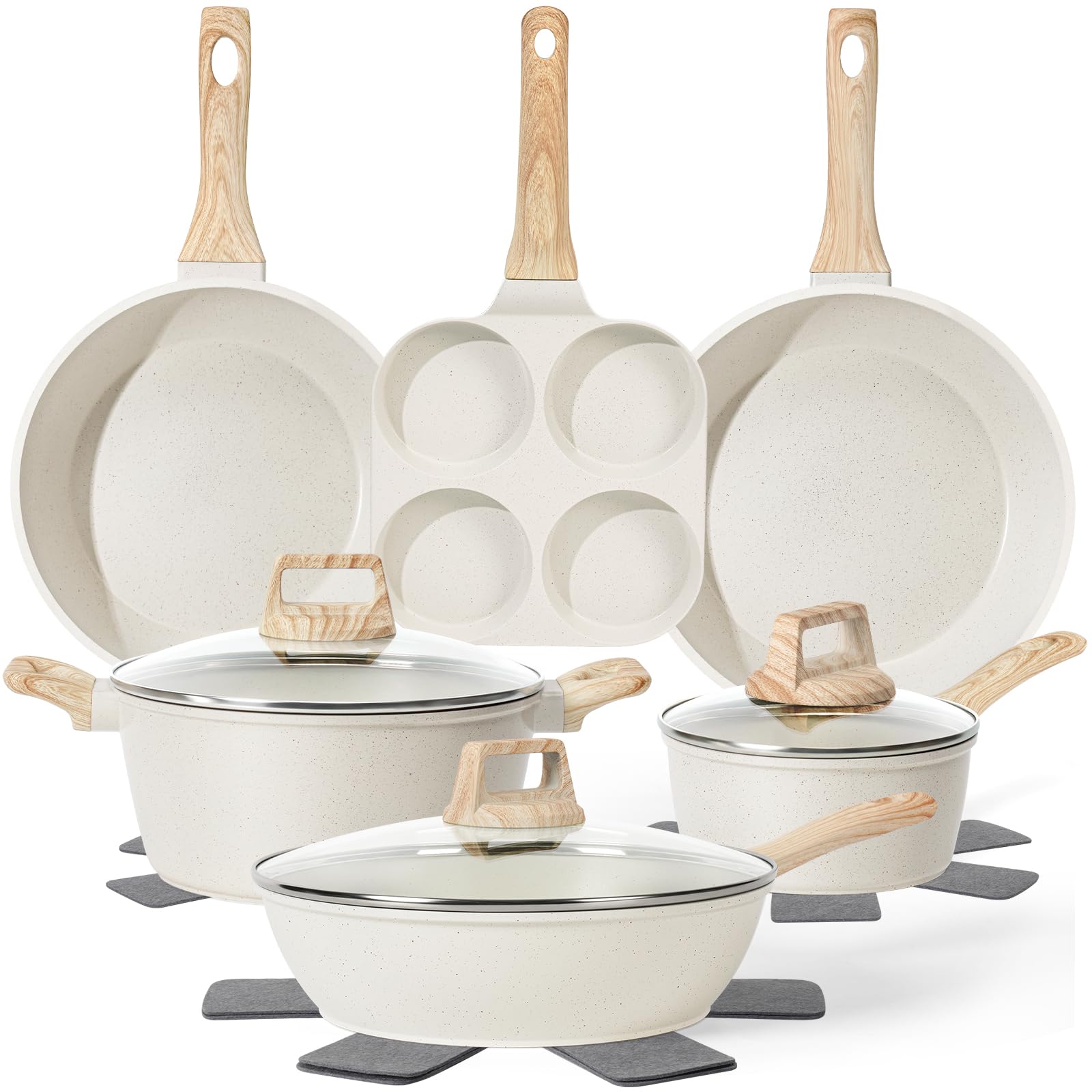 13 Pcs Pots and Pans Set, Nonstick Cookware Sets White Granite Induction Cookware, Non-toxic Healthy Non stick Kitchen Cooking S