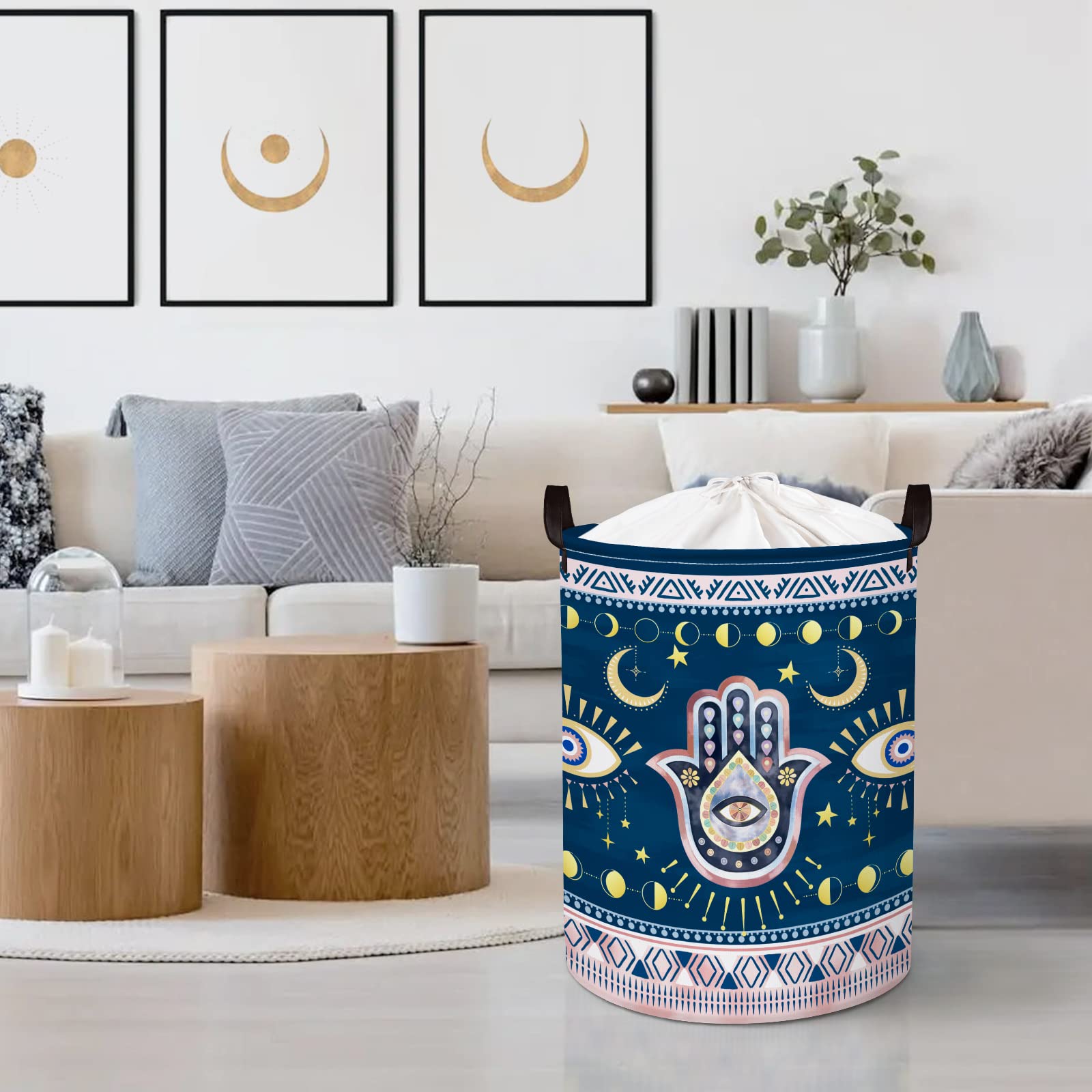 Clastyle 45L Blue Bohemia Evil Eye Laundry Baskets Hand Of Fatima Storage Basket For Blanket Toys Moon Star Hamsa Laundry Hamper