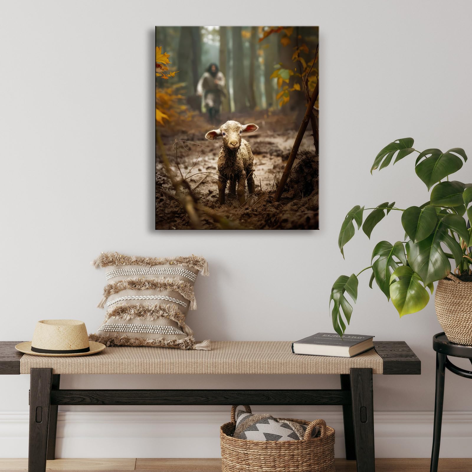 Jesus Wall Art Decor Christian Wall Art,Jesus And Lamb Canvas Wall Art Jesus Running After Lost Lamb Picture Wall Art Canvas Pri