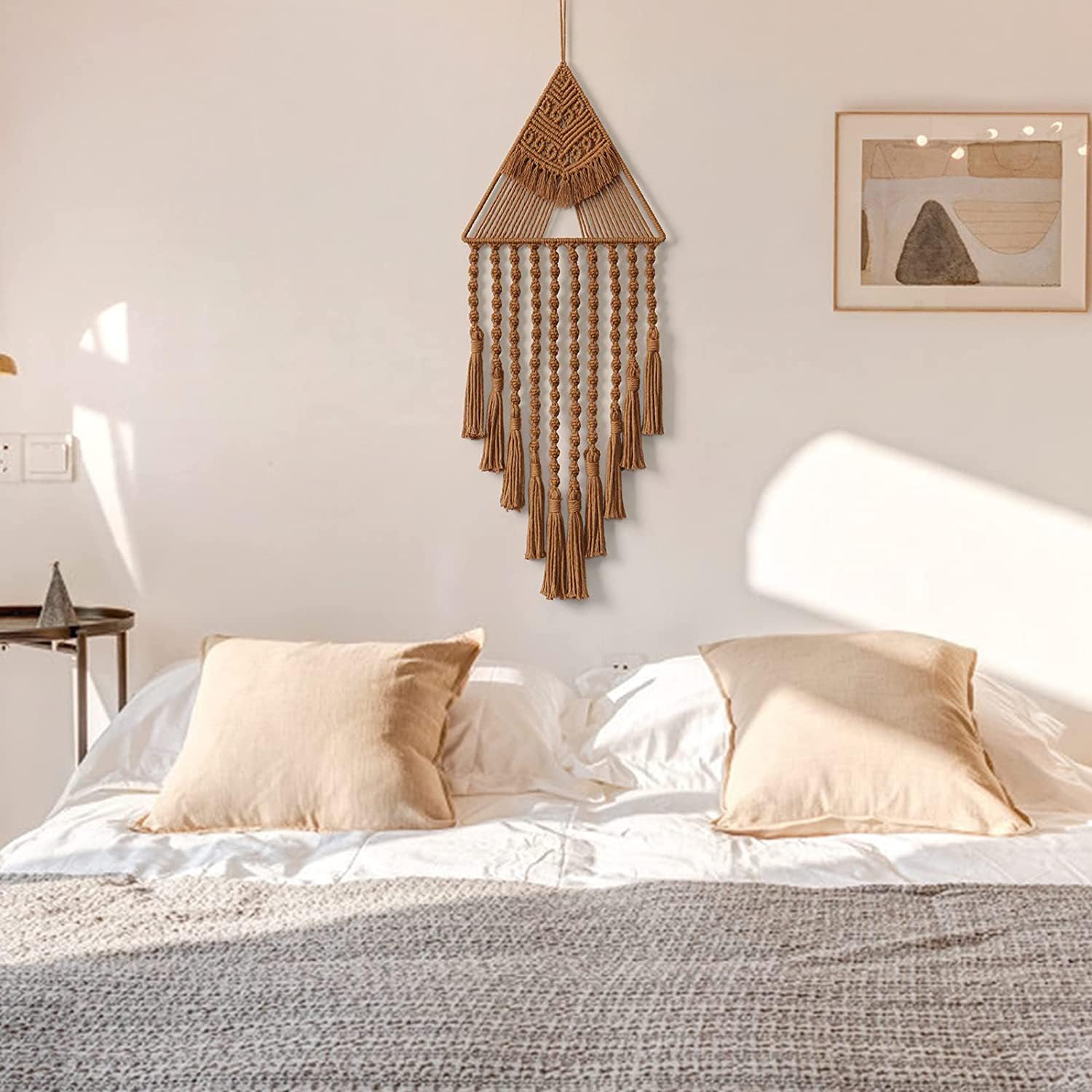 Kaahira Cotton Handmade Macrame Boho Wall Hanging Dream Catcher Triangle Tassel | Bohemian Wall Art Home Decor - Brown