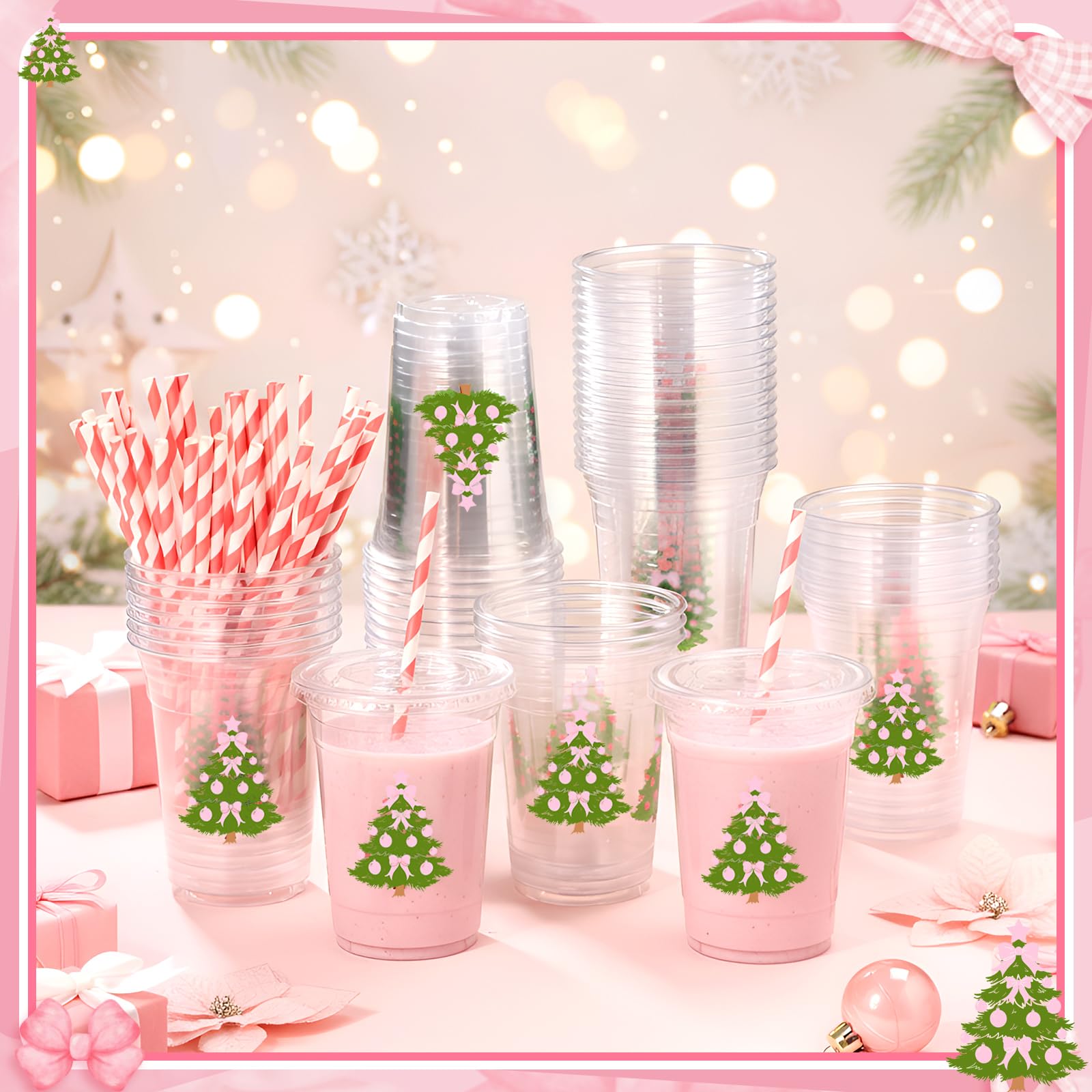 Sliner 50 Pcs 16 oz Coquette Disposable Plastic Cups with Straw for Party Supplies Bow Cup Birthday Wedding Bridal Engagement Dr