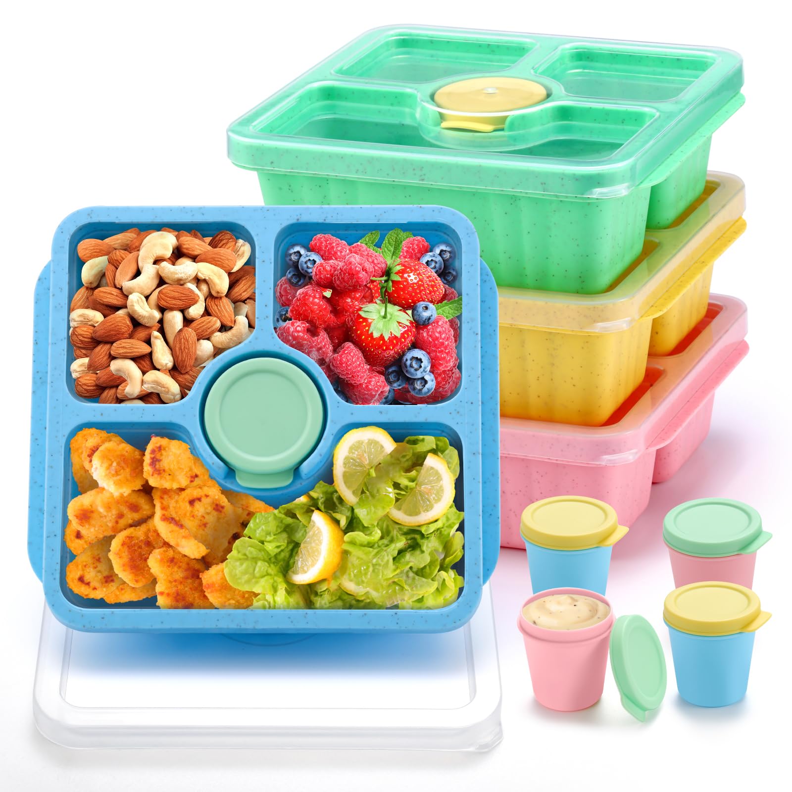 QQKO Bento Snack Box for Adults Kids, Lunchable Meal Prep Container Reusable, 4 Pack Divided Food Storage With Lids, Stackable L