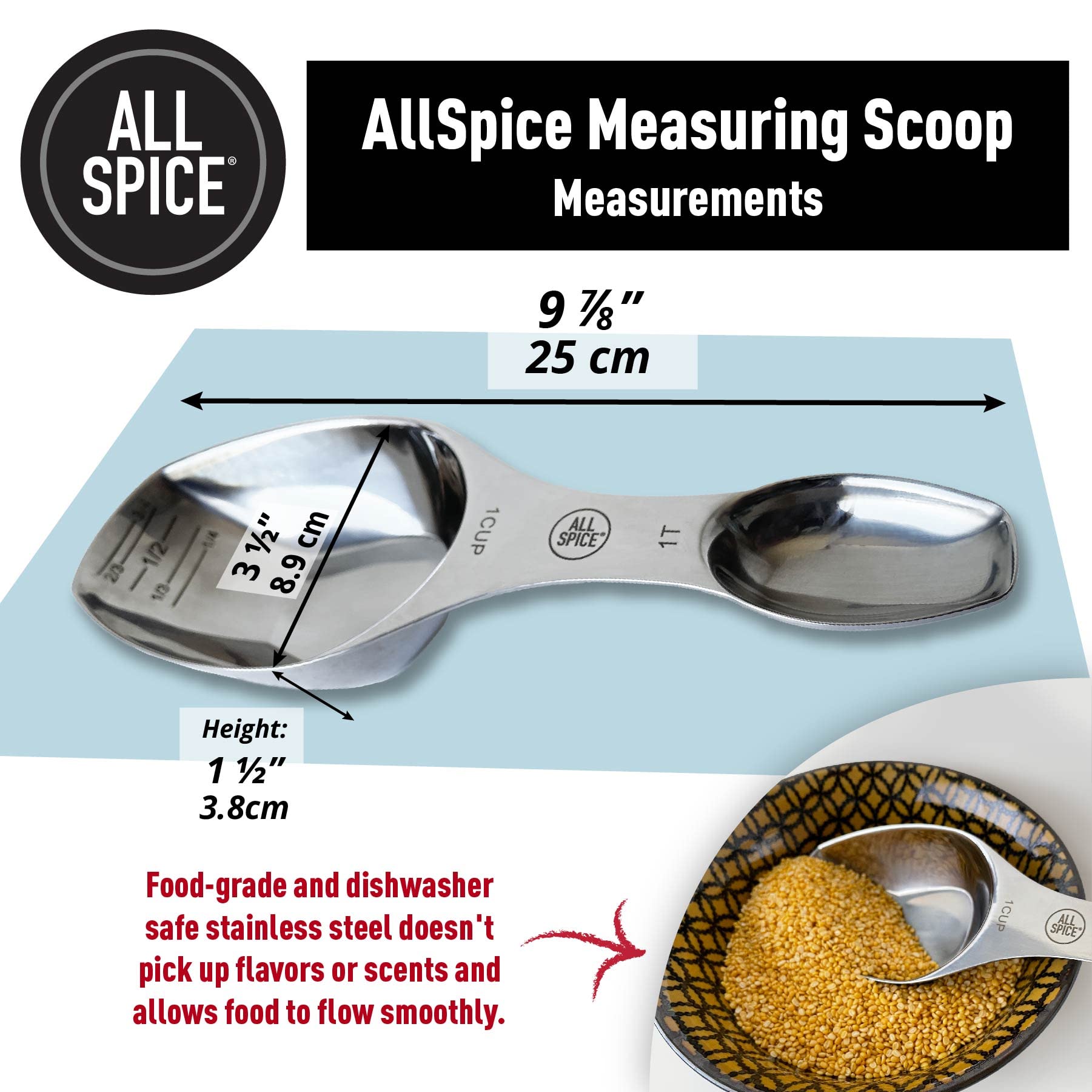 Allspice Stainless Steel Double Sided Measuring Scoop/Measuring Spoon- 1 Cup And 1 Tablespoon