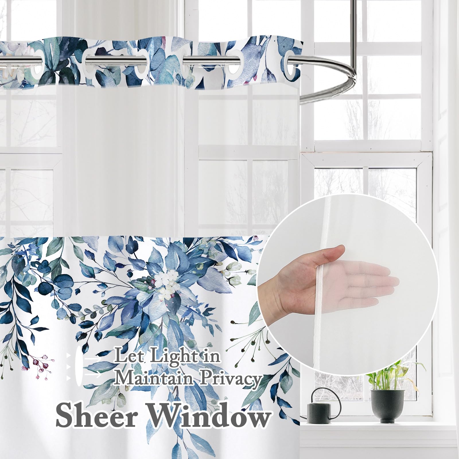 Gibelle No Hook Shower Curtain With Snap-In Fabric Liner Set For Bathroom, Hotel Style Blue Eucalyptus Leaves Shower Curtain Wit