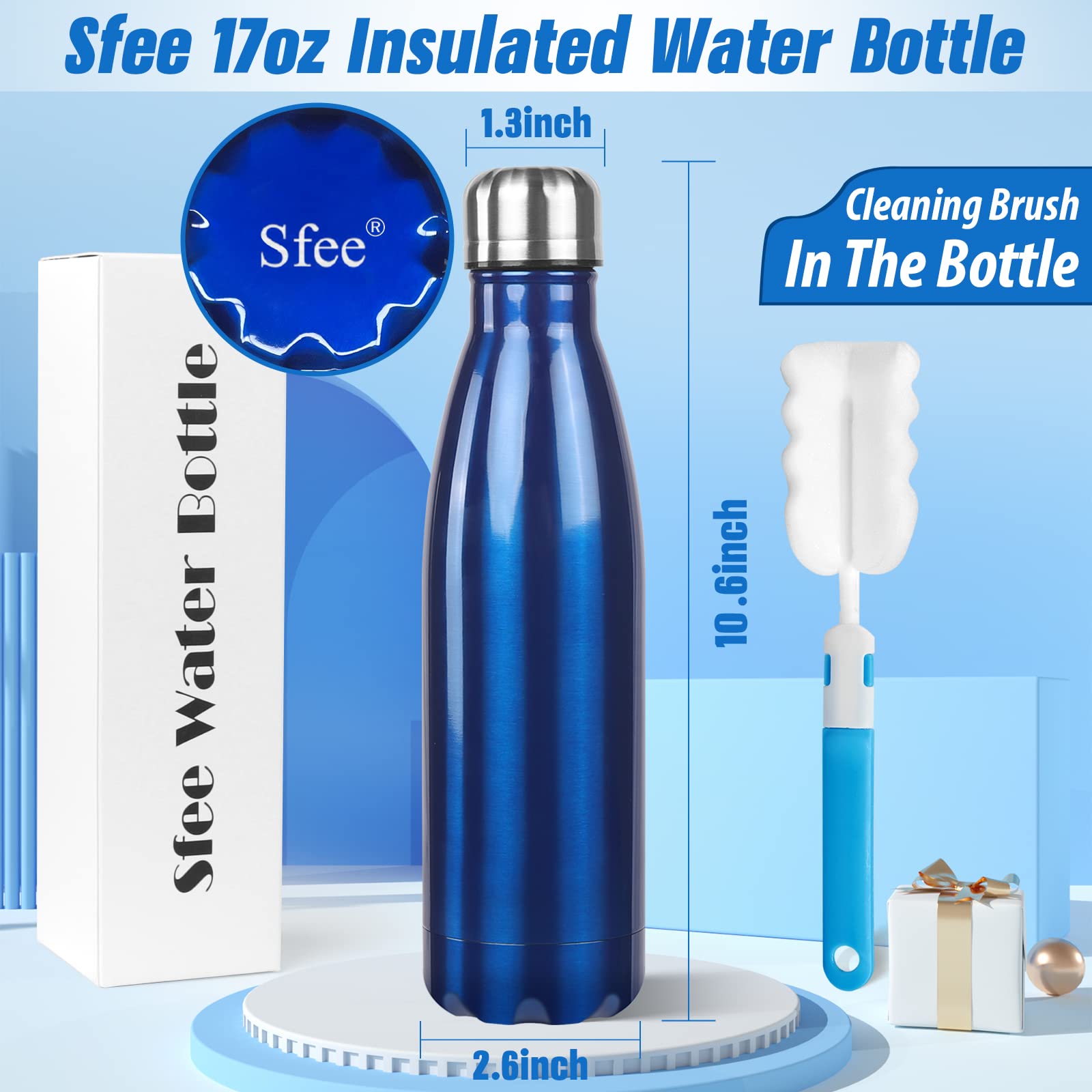 Sfee Insulated Water Bottle, 17 Oz Stainless Steel Water Bottles, Double Wall Vacuum Reusable Water Bottles Leak Proof Bpa-Free