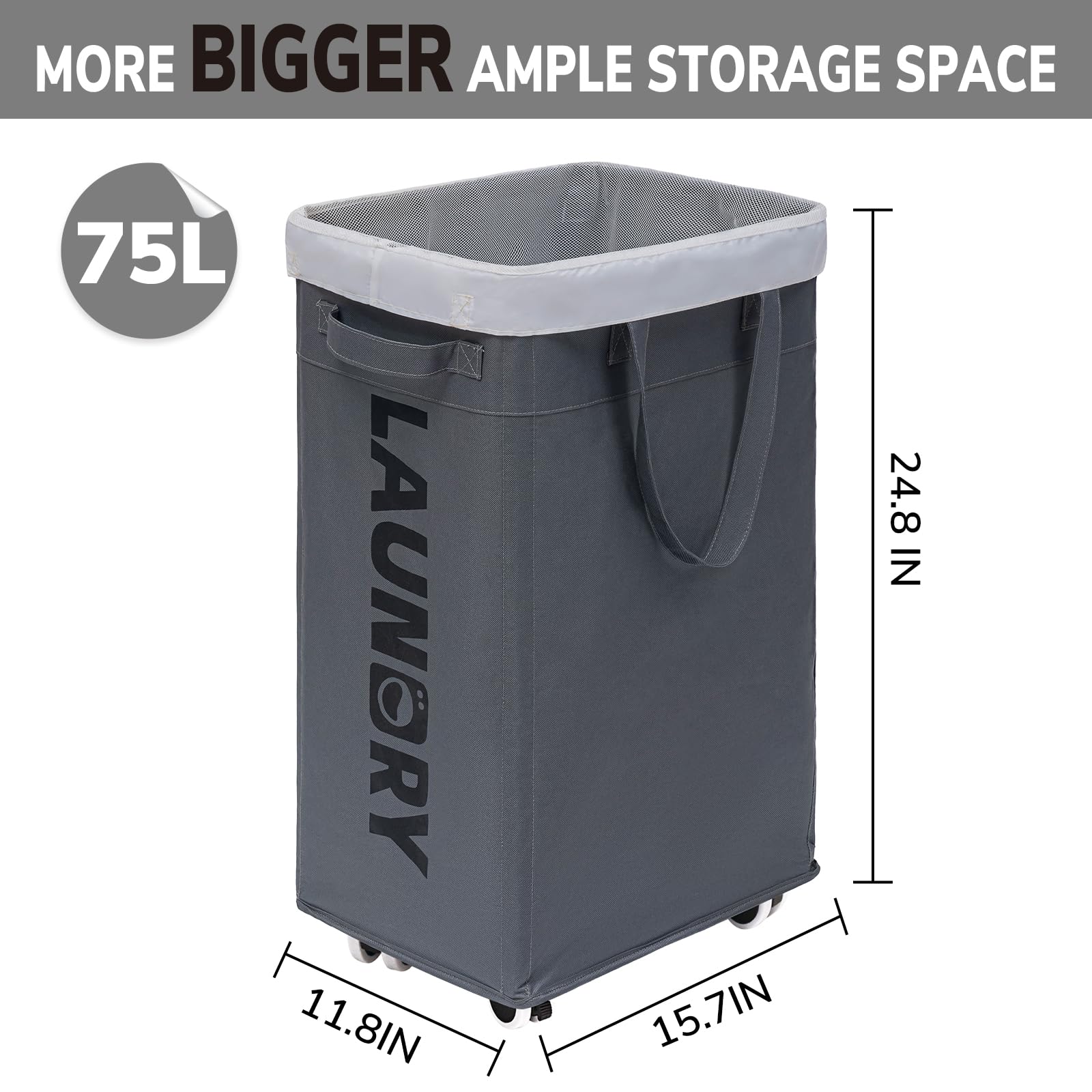 Goodpick Laundry Basket With Wheels, 75L Collapsible Large Laundry Hamper, Slim Laundry Basket With Removable Wash Bag For Corne