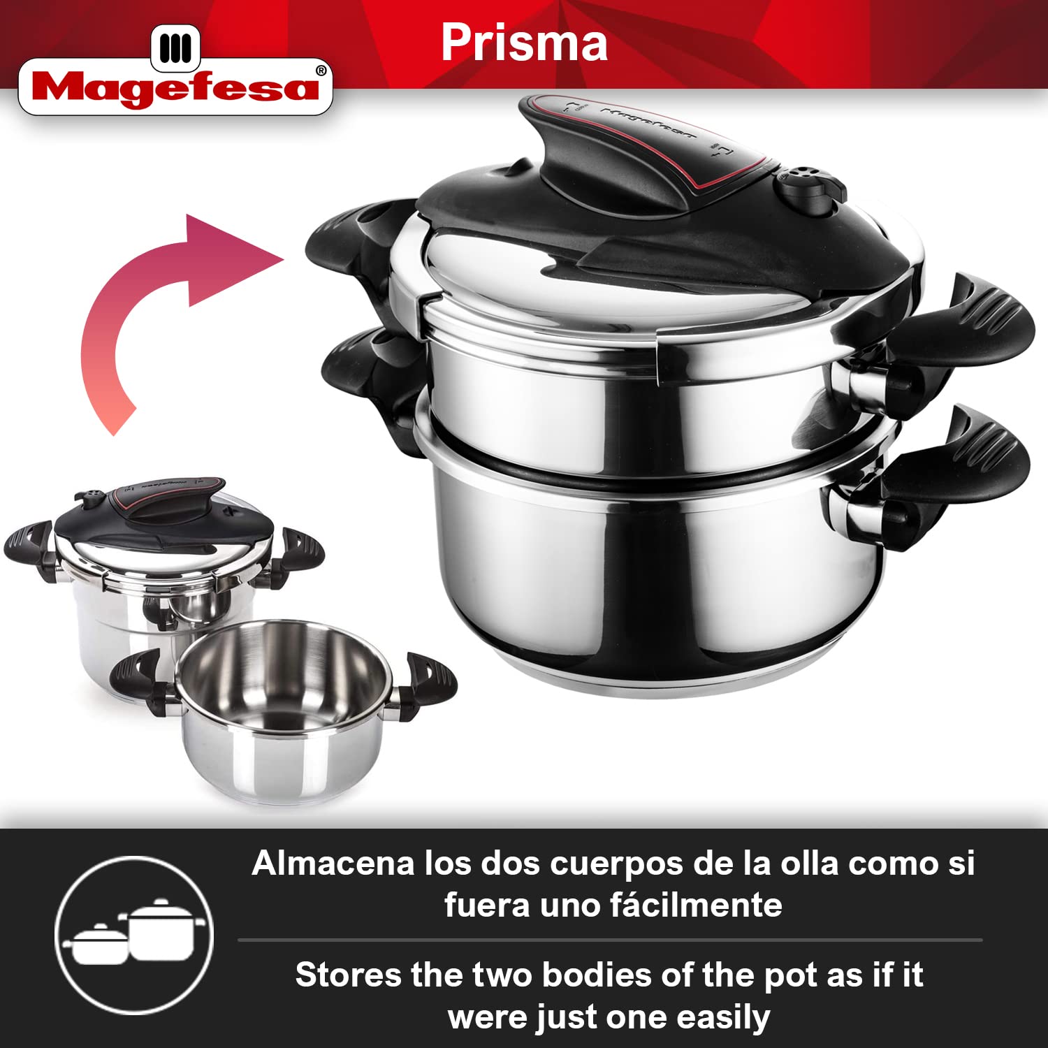 MAGEFESA  Prisma 4.2 + 6.3 Quart Stove-top Super Fast Pressure Cooker, Easy Smooth Locking Mechanism, Polished 18/10 Stainles St