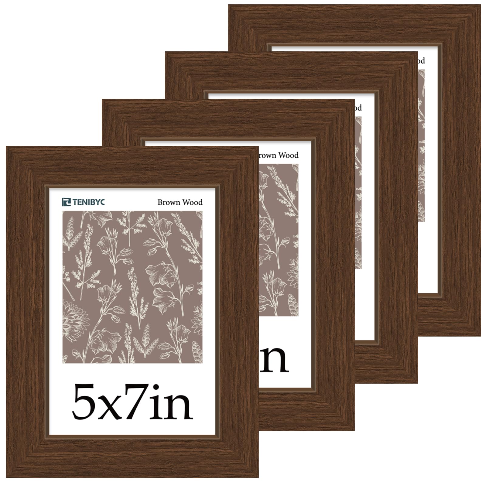 TENIBYC 5x7 Picture Frame 4 Pack - Brown Wood, HD Tempered Glass, 5 x 7 Photo Frame for Table Top and Wall Display, Gift for Fam