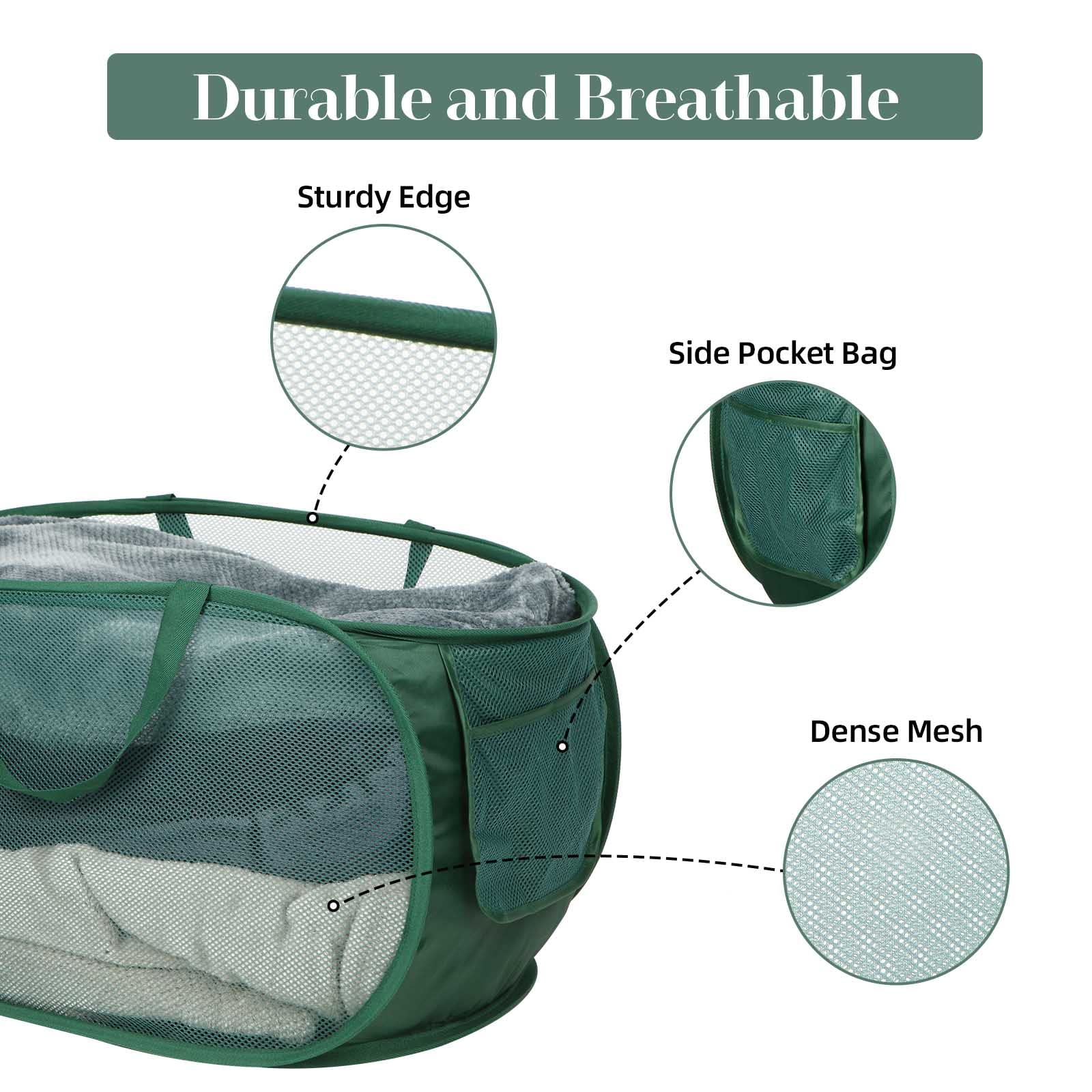 Sturdy Mesh Pop Up Laundry Hamper  Collapsible Laundry Baskets with Side Pocket  Foldable Clothes Hamper with Reinforced Carry Handles for Laundry  Bathroom  Kids Room  Dorm or Travel 2 Pack Emerald