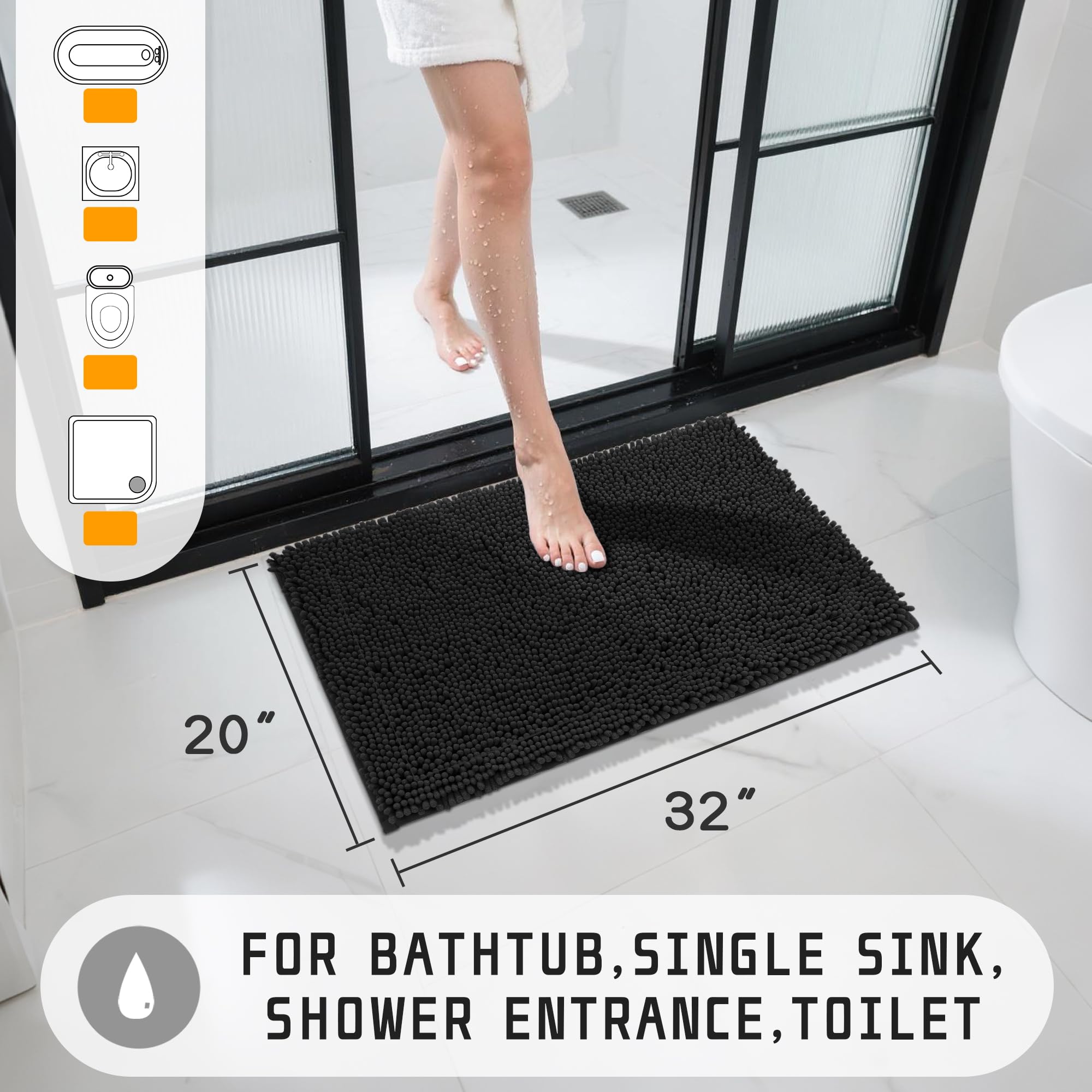 Yimobra Chenille Bathroom Rug  32x20Inch  Extra Soft Shaggy Bath Rugs  Non-Slip Bathroom Floor Mat  Water Absorbent  Thick Durable  Machine Washable  Plush Microfiber Rugs for Shower Bathtubs  Black