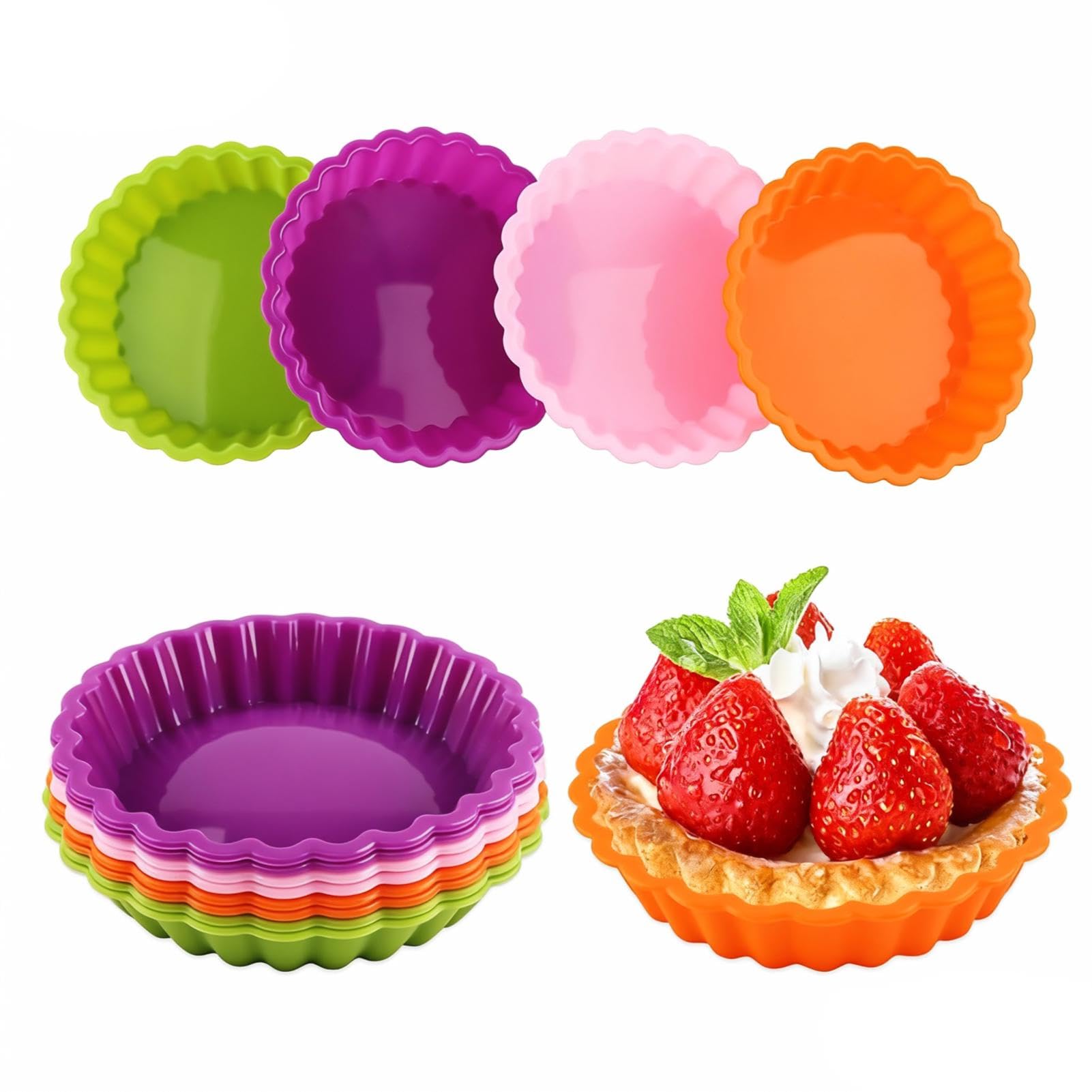Vornetil 8pcs Silicone Mold Pie Pan, Non Stick Mini Quiche Molds Cupcake Muffin Baking Cups, Round Mini Tart Pan, Small Pie Baki