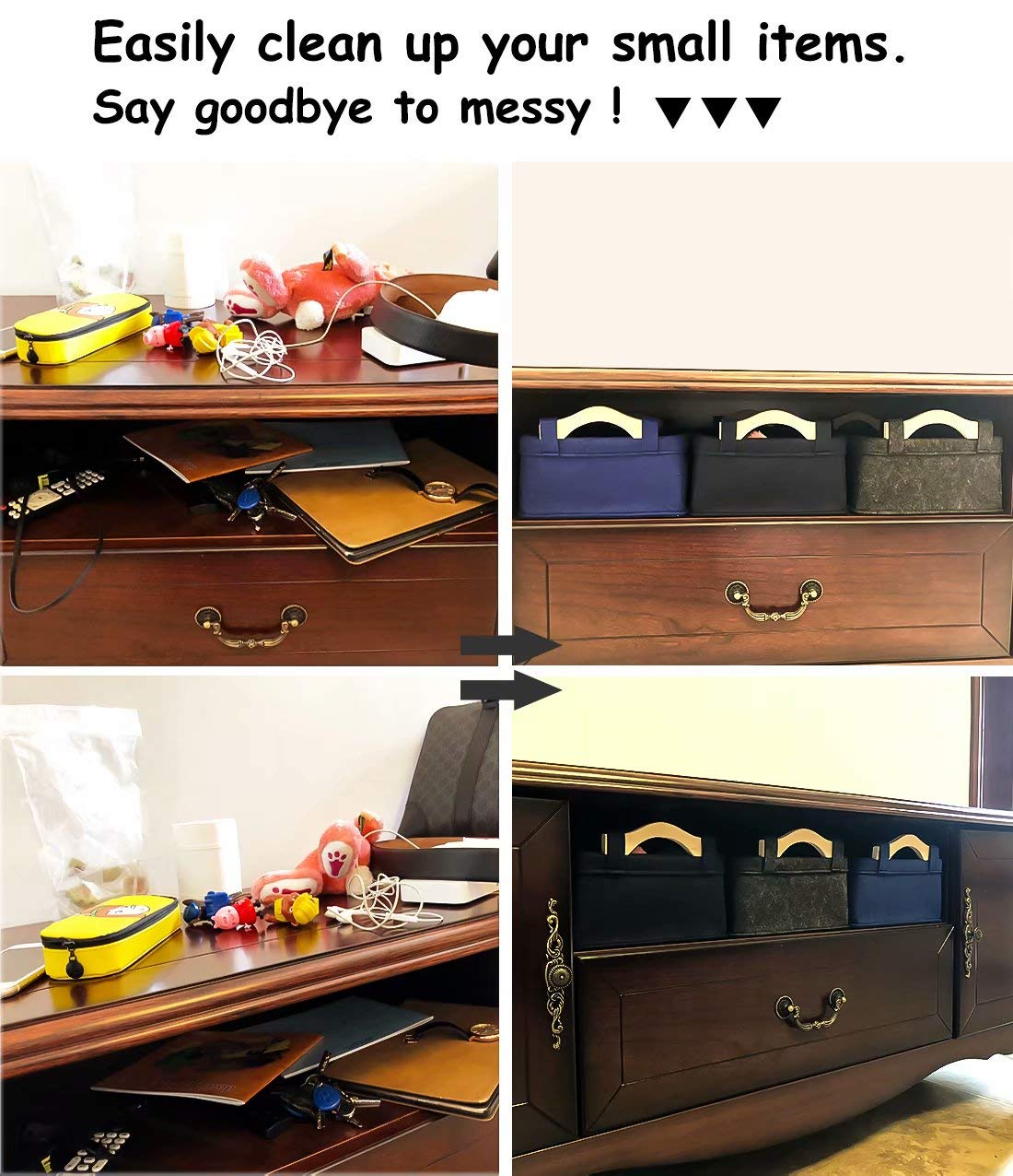 Small Storage Baskets Felt Rectangle Basket Storage Bins for DVD CD Record Cord Books Video Electronics Items Remote TV Cabinet Organizer with Handles