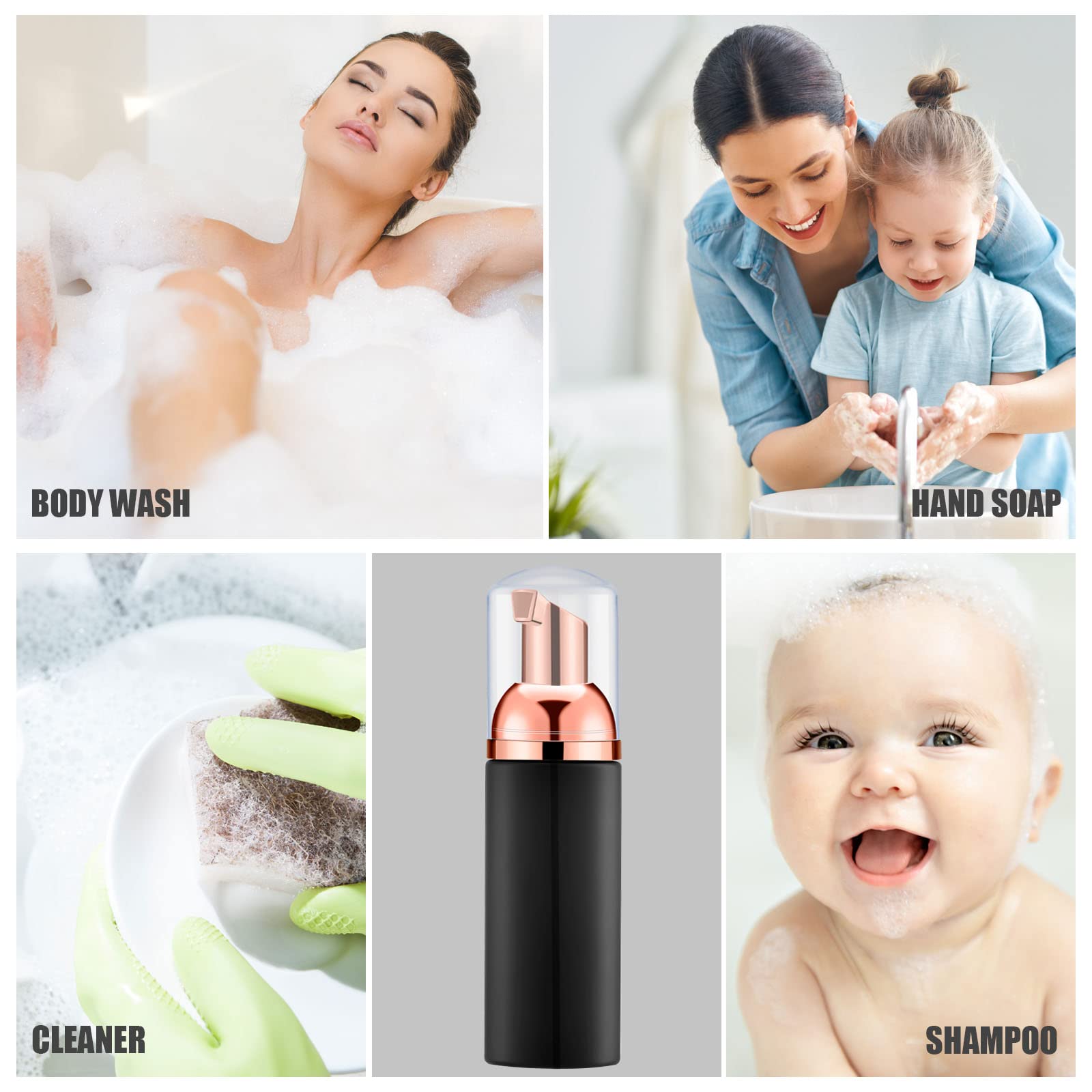 Lil Ray 2 Oz Empty Black Foam Pump Bottle, Foamer Soap Dispenser For Lash Shampoo, Hand Soap, Foaming Cleaner(Rose Gold Pump, 12