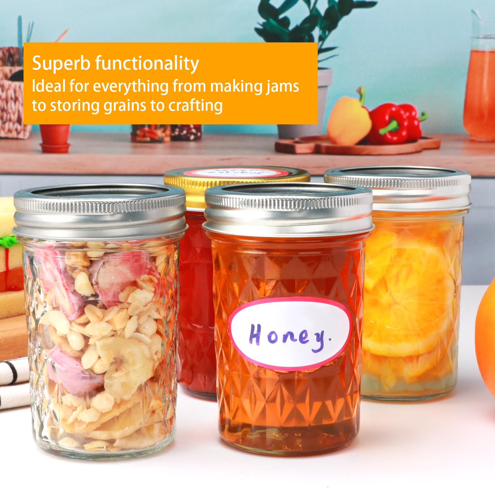 Datttcc 8oz Mason Jars, Canning Jars,Jam Jars forJelly,Honey, Wedding Favors, Food Storage,Kitchen & DIY Gifts, with Lables,Spon
