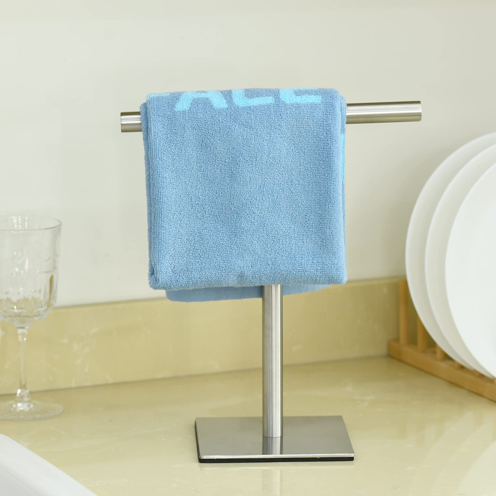 Dukwin Hand Towel Holder, Sus304 Stainless Steel Hand Towel Stand T-Shaped Silver Brushed Finish Freestanding Rack For Bathroom