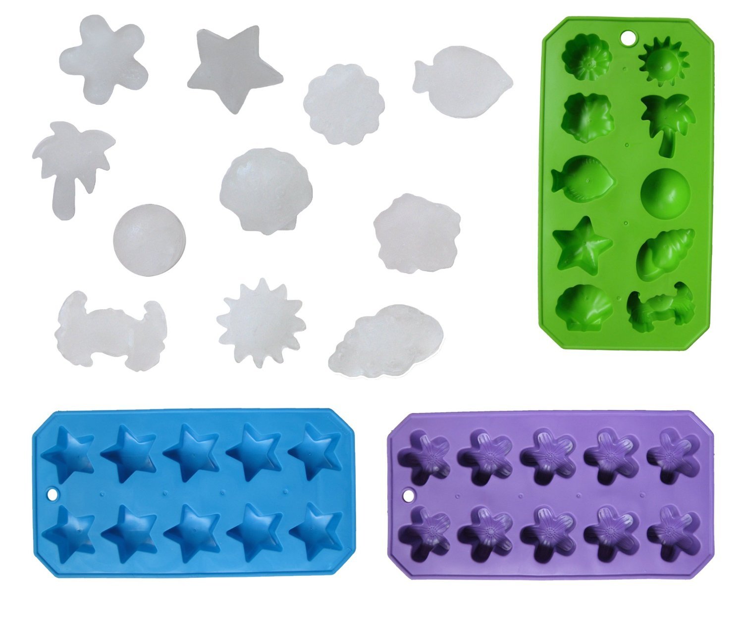 Chef Craft Set Of 3 Flexible Shaped Ice Cube Trays. Sun, Star, Flower, Tree And Sealife. Fun Party Combo, Silver
