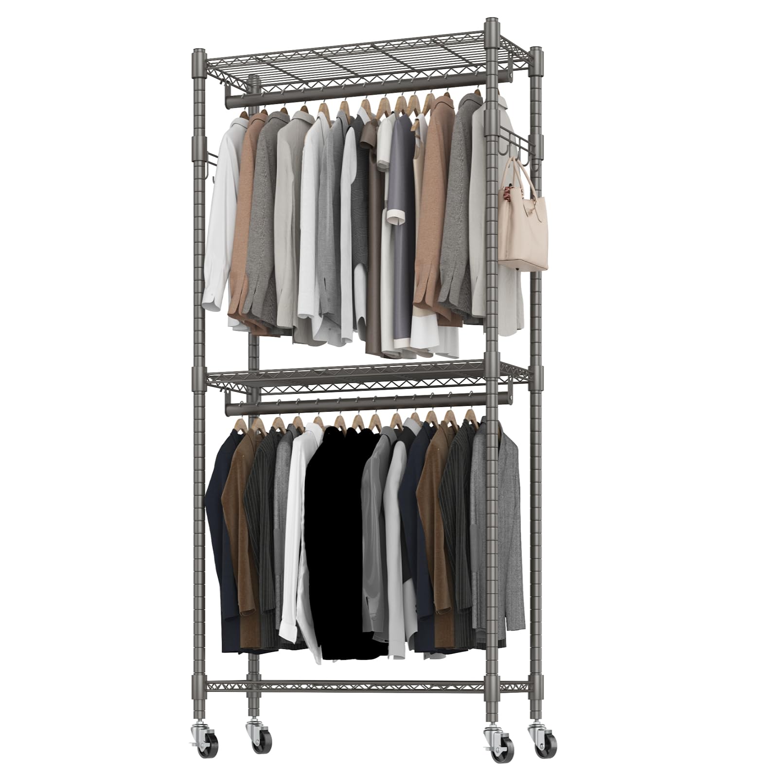 Bathwa Clothes Rack Rolling Narrow 2 Tier Garment Rack For Hanging Clothes, Space Saving Portable Clothing Rack With Wheels And