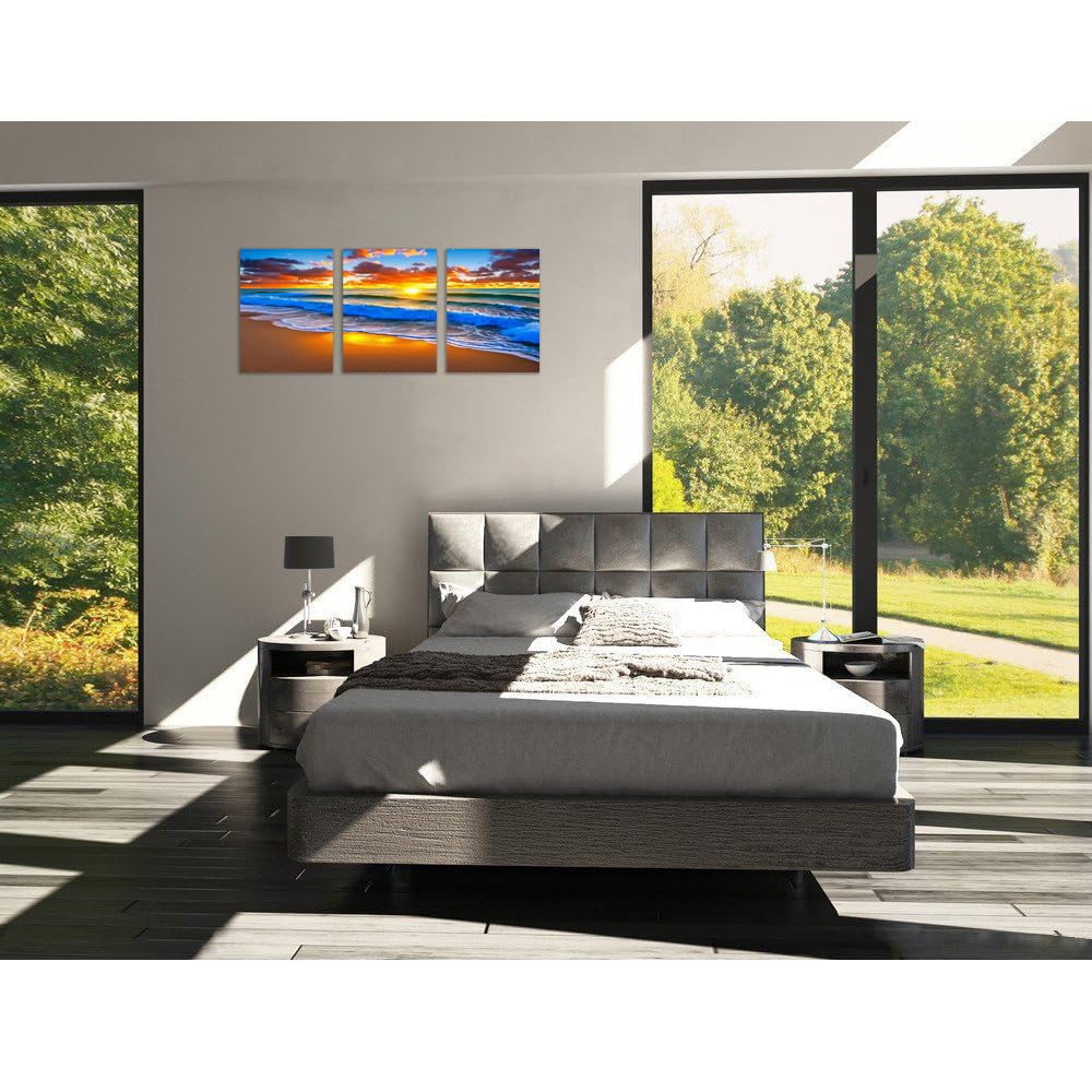 Tutubeer 3 Pcs Ocean Wall Art - Beach Sunrise Picture Print On Canvas - Stretched And Framed 12 X 16 X 3
