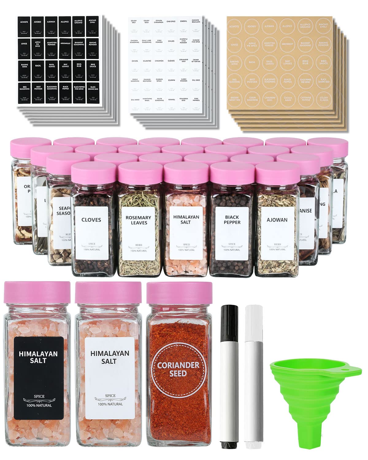Jarxsun 24 Spice Jars With Labels-4Oz Glass Spice Jars With Shaker Lids, 3 Sets Of Spice Labels 1 Collapsible Funnel, 2 Erasable
