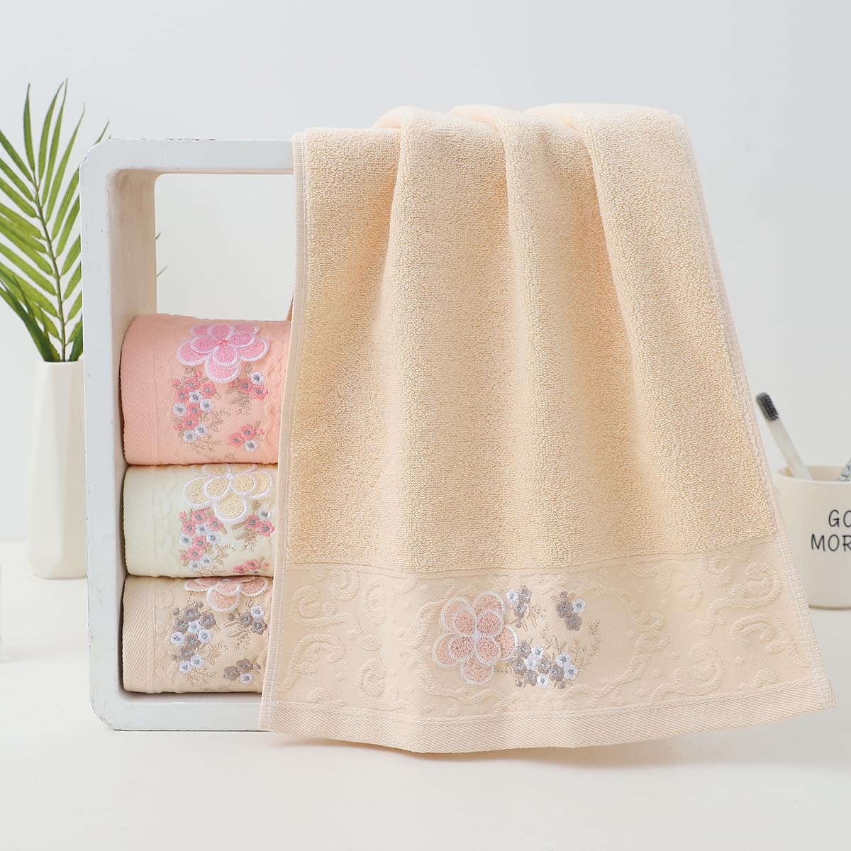 Pidada Hand Towels Set Of 4 Embroidered Floral Pattern 100% Cotton Absorbent Soft Decorative Towel For Bathroom (Brown)